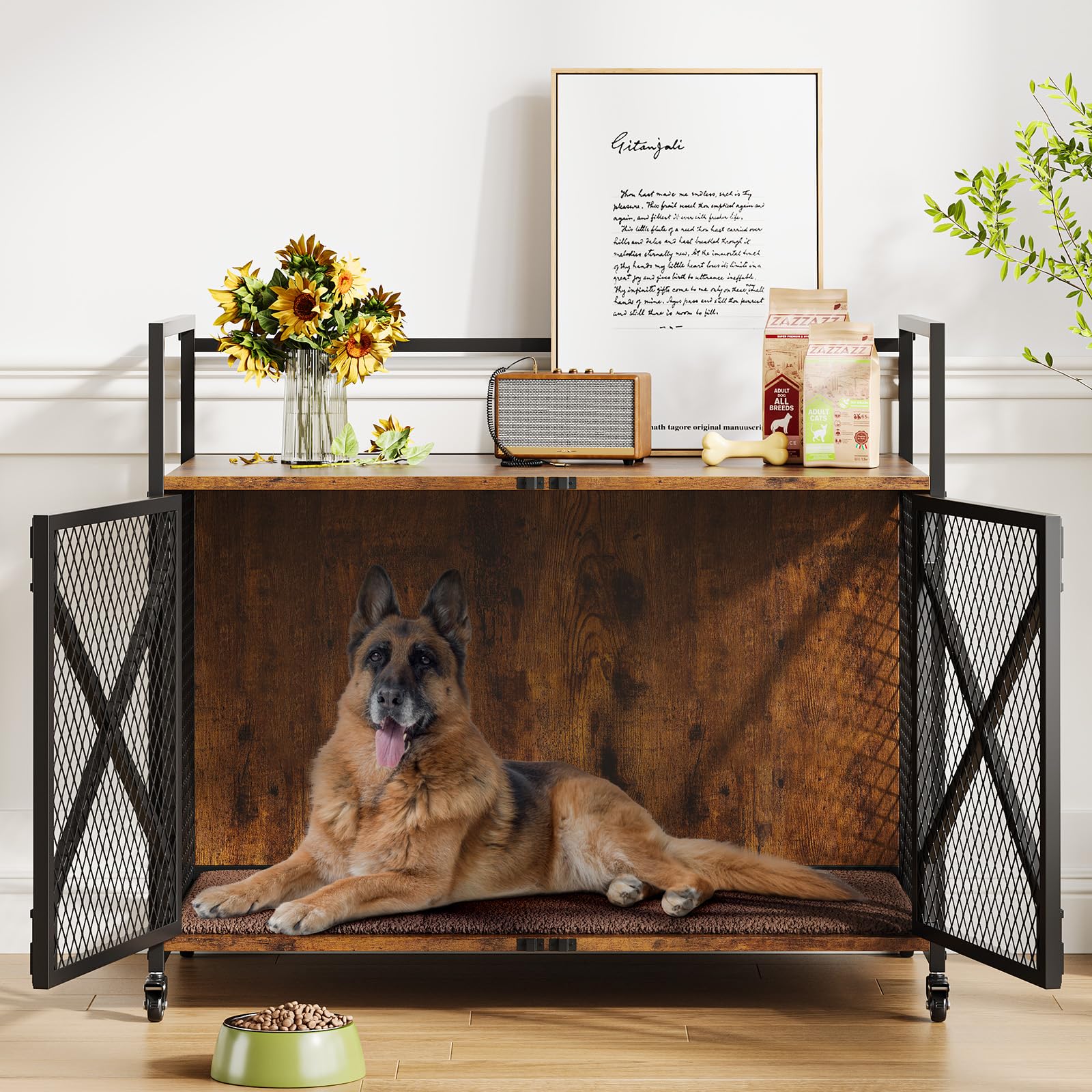 31 Inch Dog Crate Furniture, Heavy Duty Dog Kennel Table with 360 Swivel Wheels, Double Doors, 4 Latches, Vintage Farmhouse Dog 