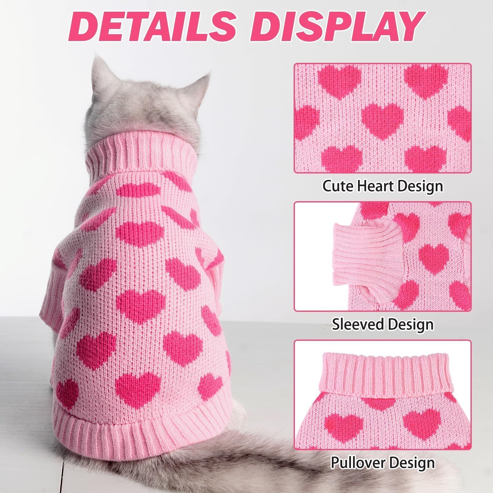 Kooltail Cat Sweater Turtleneck- Soft Pink Knit Cat Sweaters For Cats Only, Heart Love Pattern Thick Warm Cold Weather Clothes,