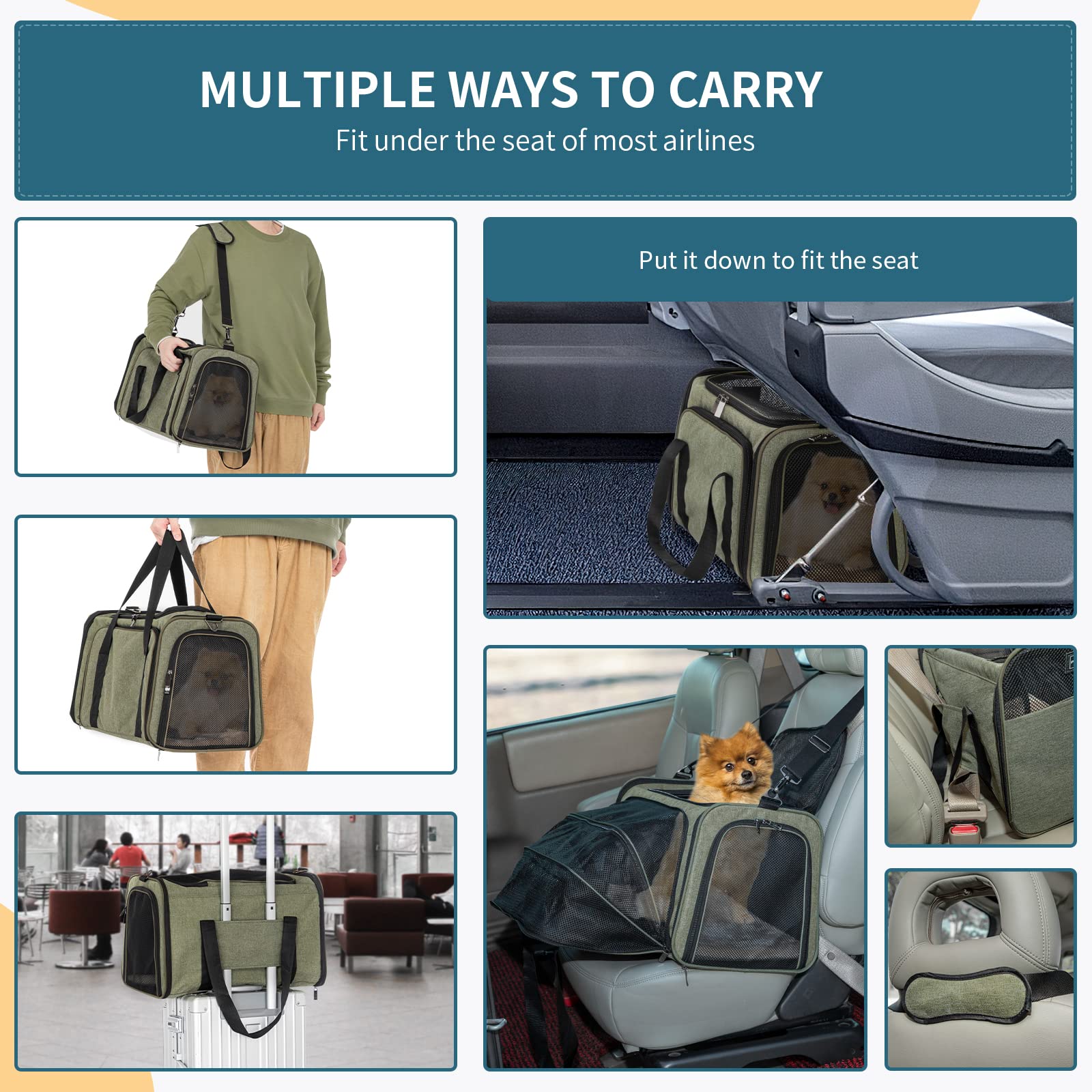 Petsfit Expandable Cat Carrier Dog Carrier, Soft-Sided Collapsible Portable Pet Carrier, 19X12X12, Green