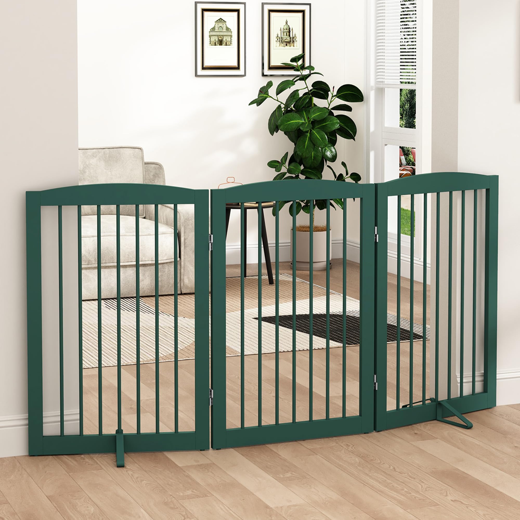 PUPETPO Freestanding Pet Gate for Dogs, Foldable Wooden Dog Gate for House Indoor, Step Over Pet Puppy Safety Fence for Stair, D
