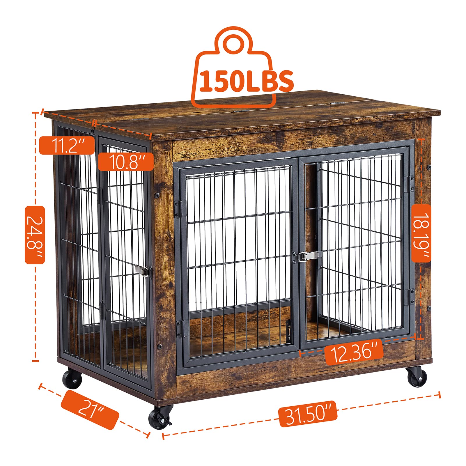 Ichbingo Dog Crate Furniture, Wooden Dog Crate Table, 31.5' Dog Kennel With 3 Doors, Flip-Up Top Opening And Wheels, Decorative Pet Crate Dog House For Medium/Small Dog Indoor Use (Rustic Brown)