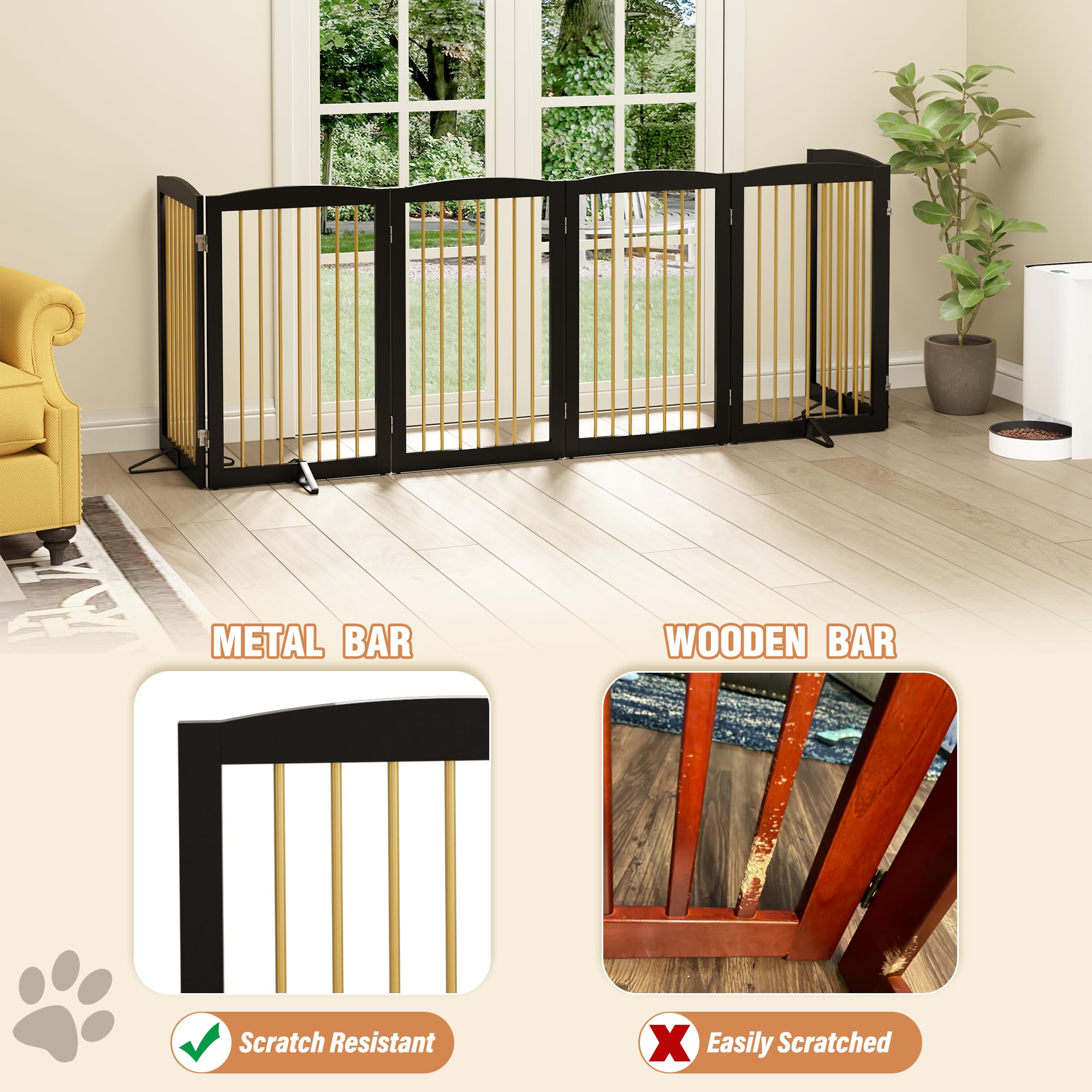 PUPETPO Freestanding Pet Gate for Dogs, Indoor Wooden Dog Gate for House, Extra Wide Foldable Dog Gate for Stair, Doorway, Hall,