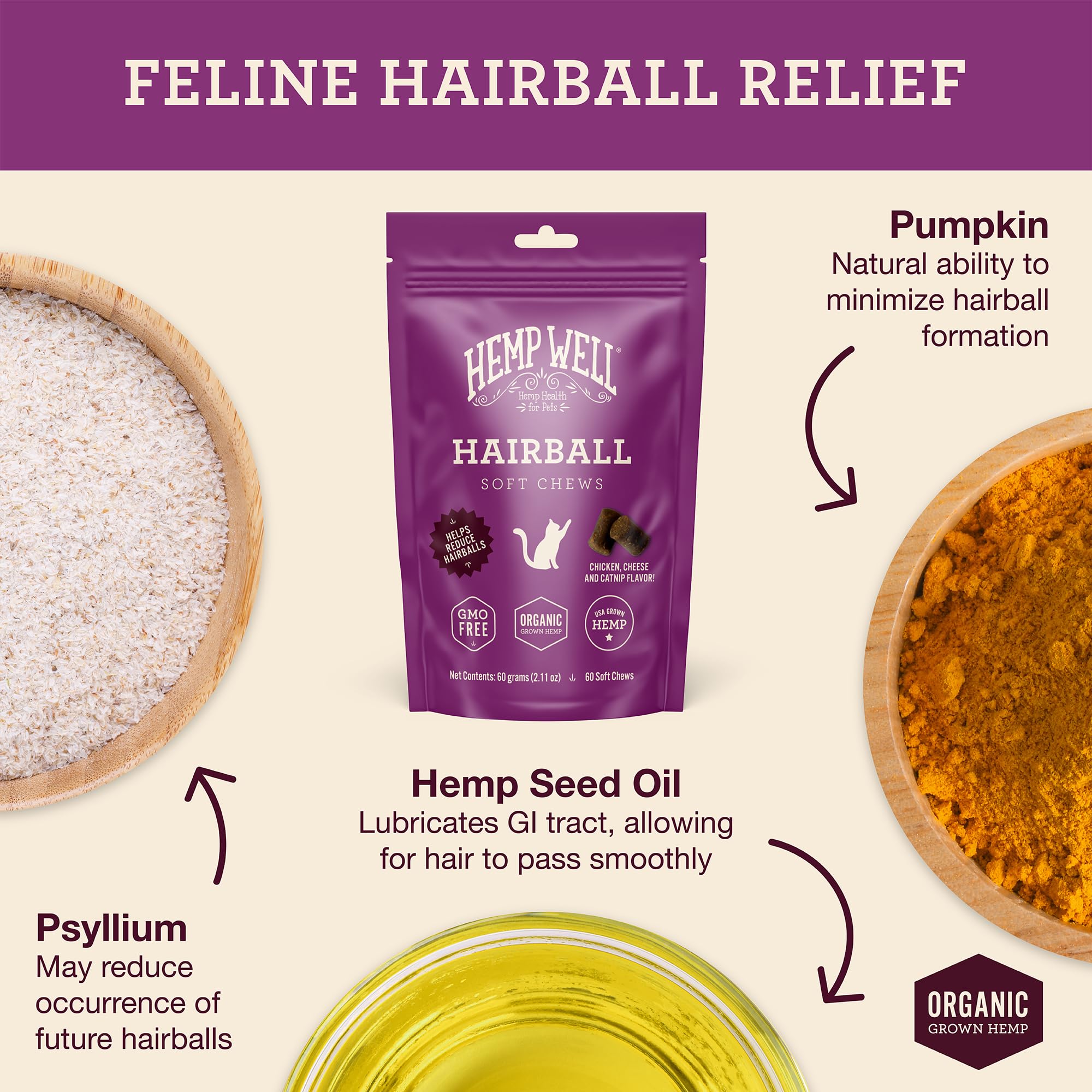 Hemp Well Cat Hairball Soft Chews for Cats (2 Pack), Organic USA Grown, Chicken Cheese & Catnip Flavor!