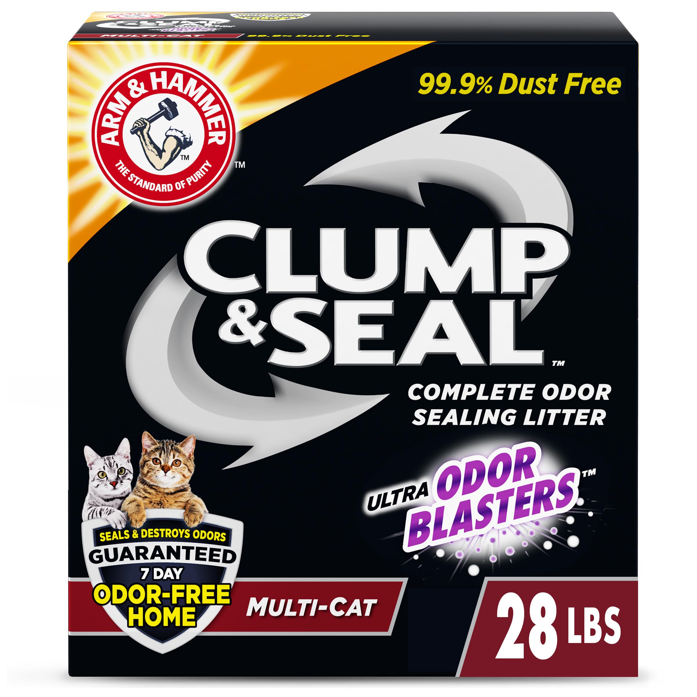 Arm Hammer Clump Seal Litter Multi-Cat Complete Odor Sealing Clumping Clay Cat Litter, 28Lb