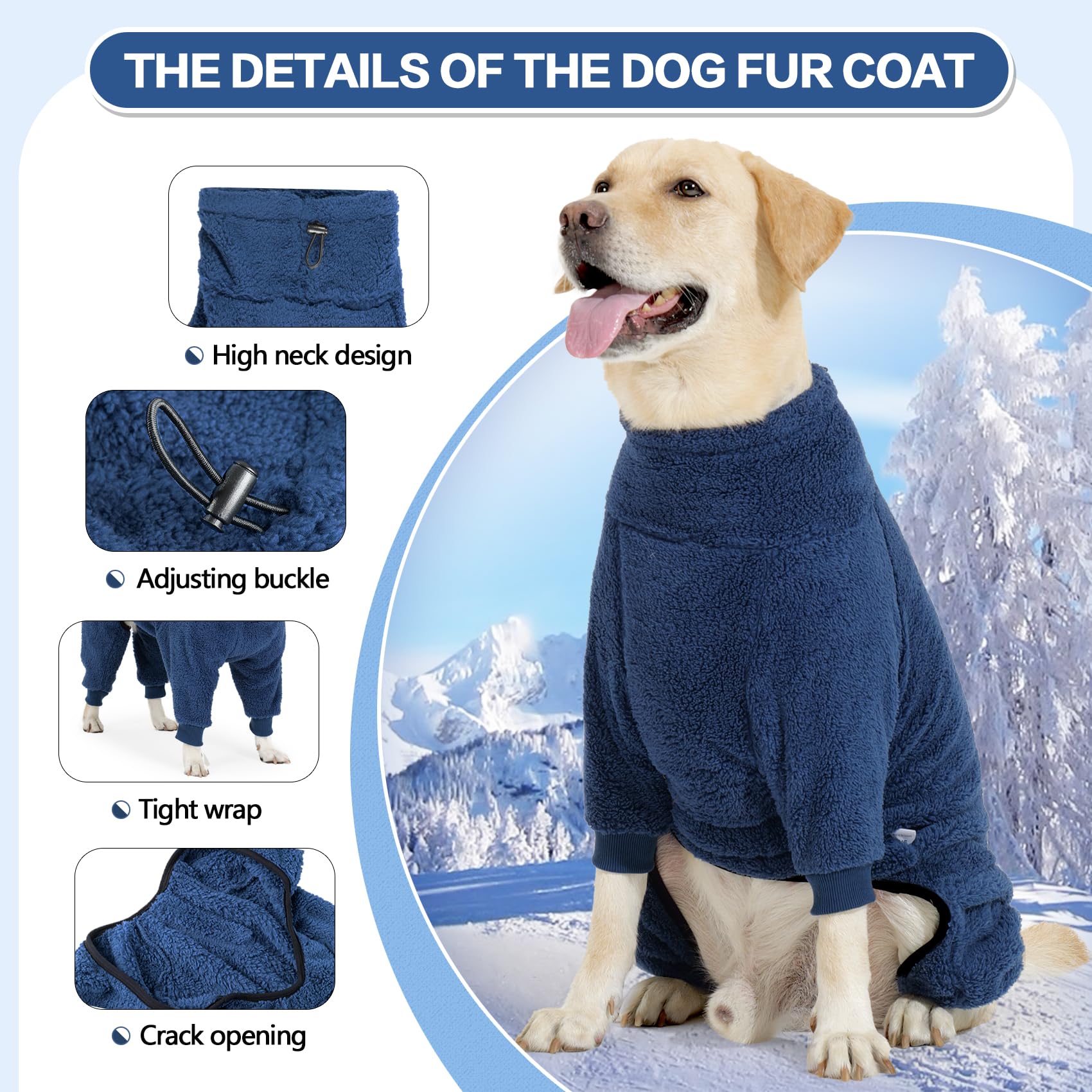 Pinellia Winter Coat, Warm Fleece Dog Jacket & Windproof Pajamas - Full Body Jumpsuit For Medium & Large Dogs (Medium, Navyblue)
