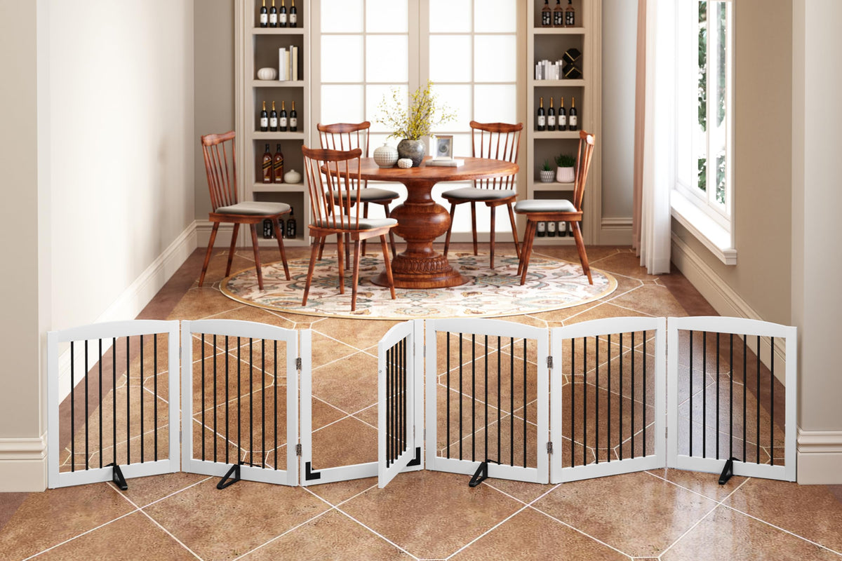 PUPETPO Freestanding Pet Gates with Walk Through Door, Dog Indoor Fence, Dog Gate for The House, Stairs, Extra Wide Dog Gate, Su