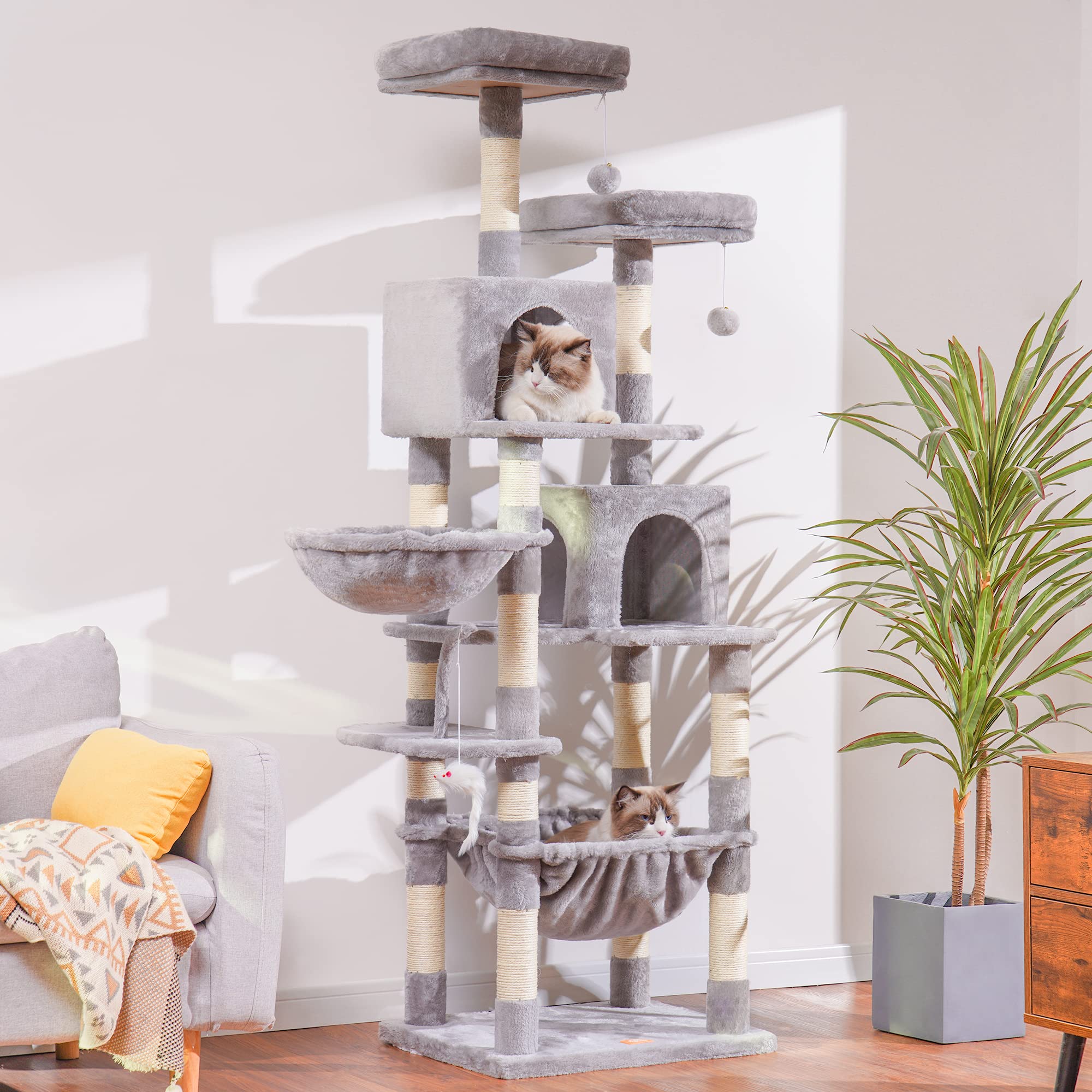 Heybly Cat Tree, 70 Inches Tall Cat Tower Condo With Toy For Indoor Large Cats, Cat House Furniture With Padded Plush Perch, Coz