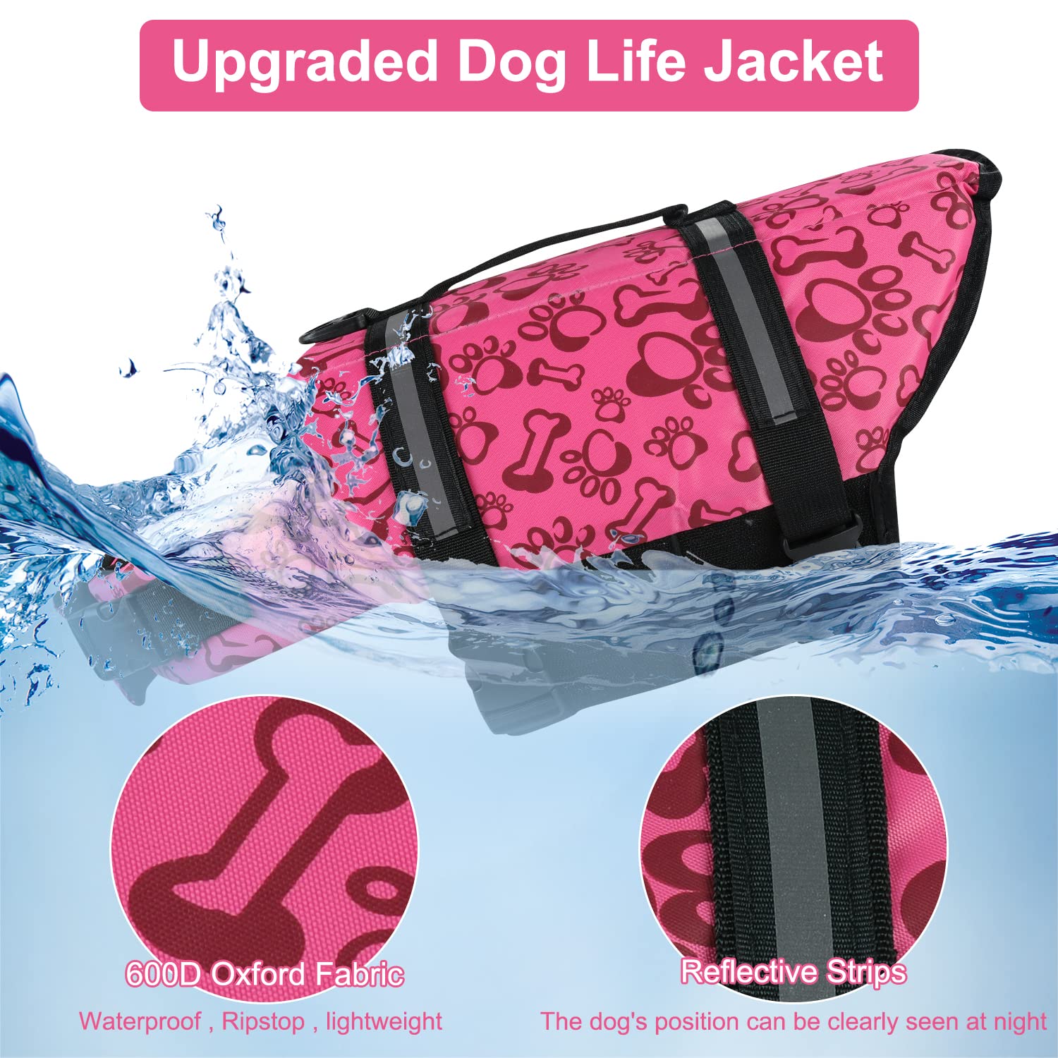 Haocoo Dog Life Jacket Vest Saver Safety Swimsuit Preserver With Reflective Stripes/Adjustable Belt Dogs?Pink Bone,S