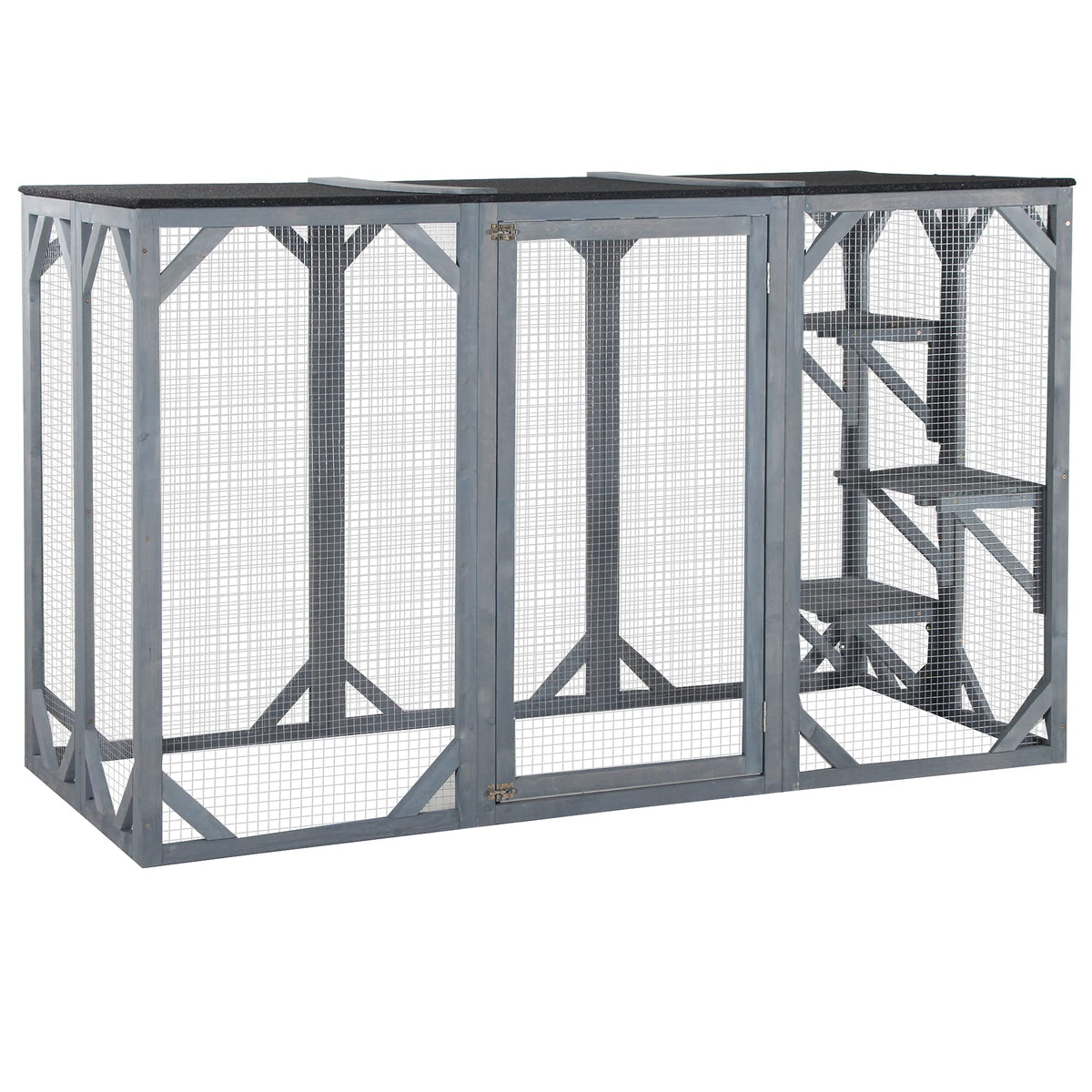 Pawhut Outdoor Cat House, Catio Wooden Feral Cat Shelter, Cat Cage With Platforms, Large Enter Door, Weather Protection Asphalt Roof, 71' L, Gray