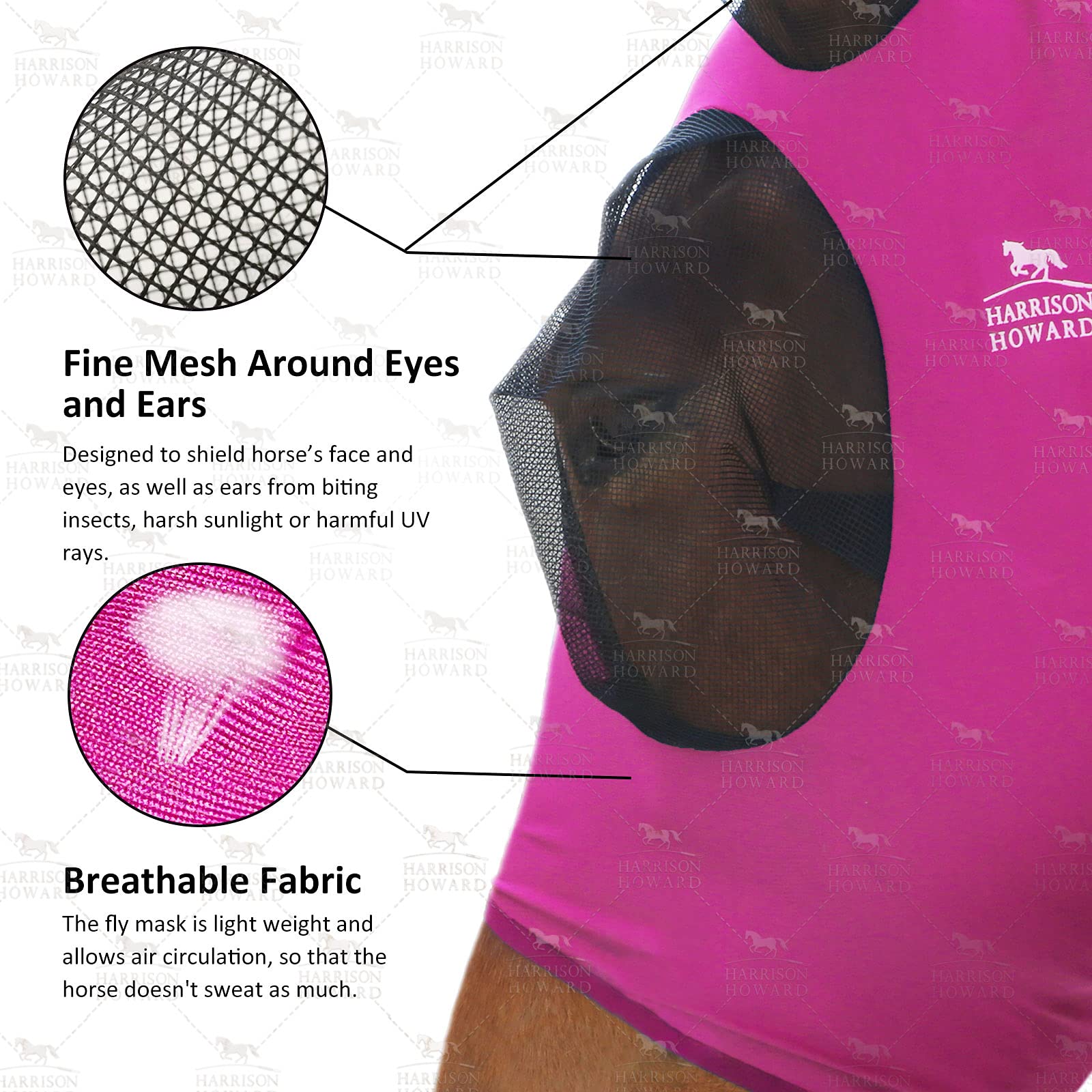 Harrison Howard Super Comfort Stretchy Fly Mask Large Eye Space with UV Protection Soft on Skin with Breathability Rose Pink Ful