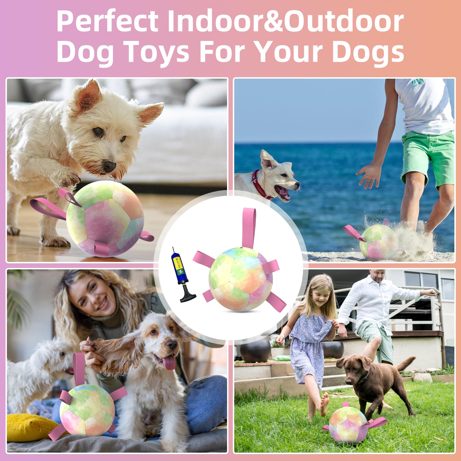 Qdan Dog Toys Soccer Ball With Straps, Durable Dog Balls For Tug Of War, Puppy Birthday Gifts, Dogs Water Toy Small Dogs-Rainbow