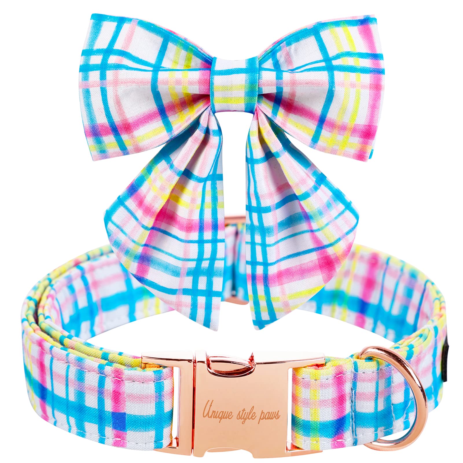 Unique Style Paws Easter Day Dog Collar With Bow Tie Pink Grid Puppy Collar For Small Medium Large Boys Girls-M