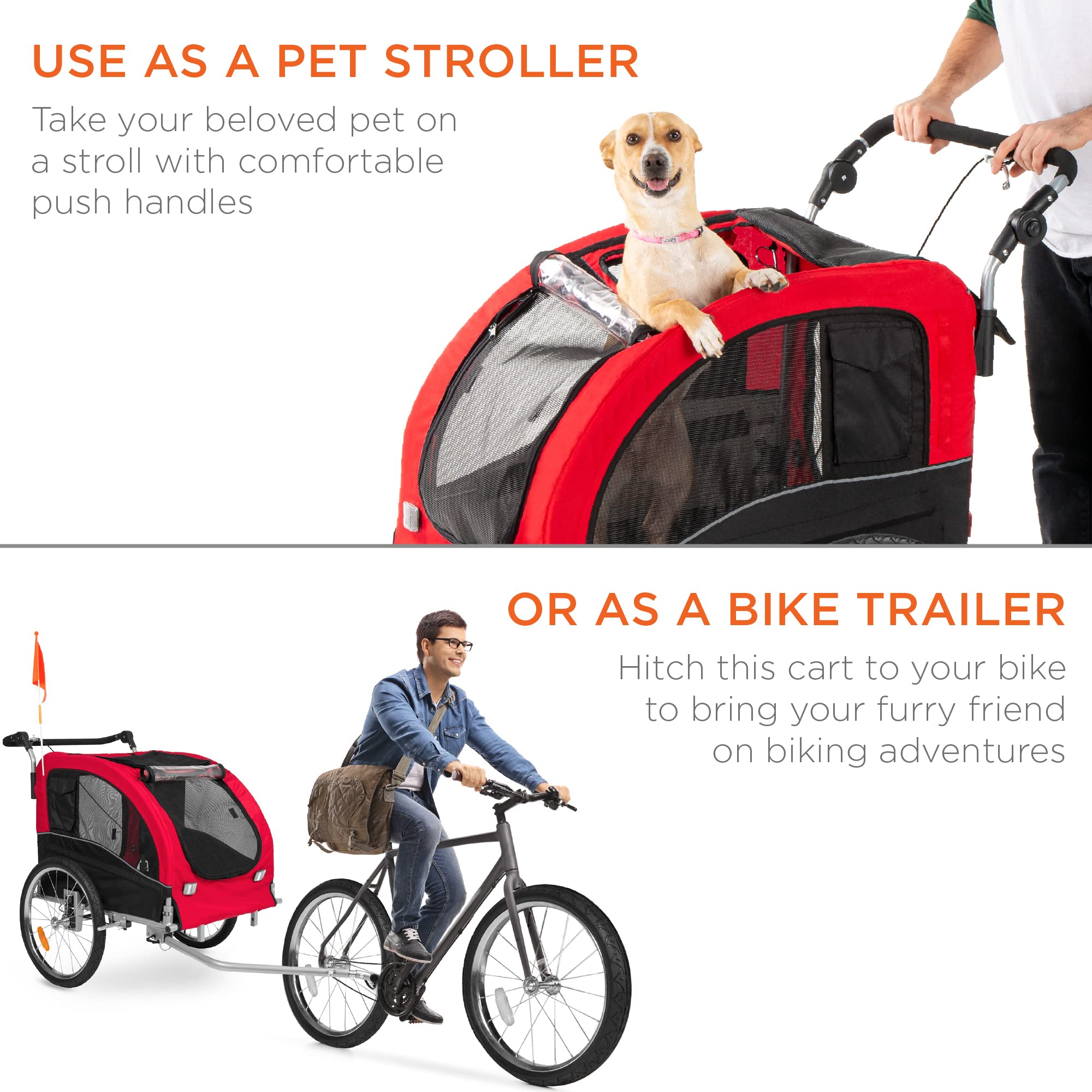 Best Choice Products 2-in-1 Dog Bike Trailer, Pet Stroller Bicycle Carrier w/Hitch, Suspension, Visibility Flag and Reflectors,