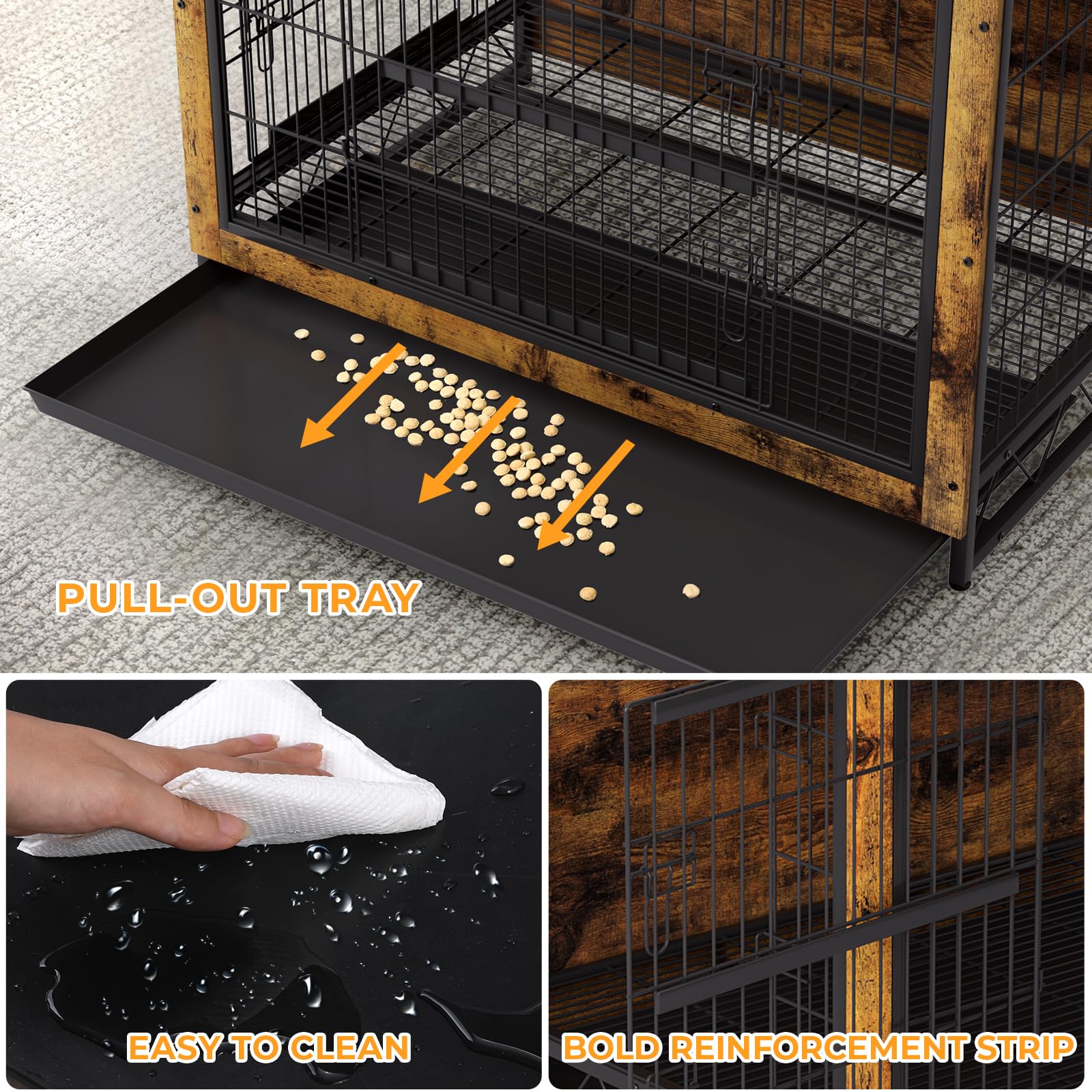 TLSUNNY Dog Crate Furniture, 44.1 Wooden Dog Kennel Indoor with 2 Doors, Heavy-Duty Dog Cage with Removable Tray, End Side Table