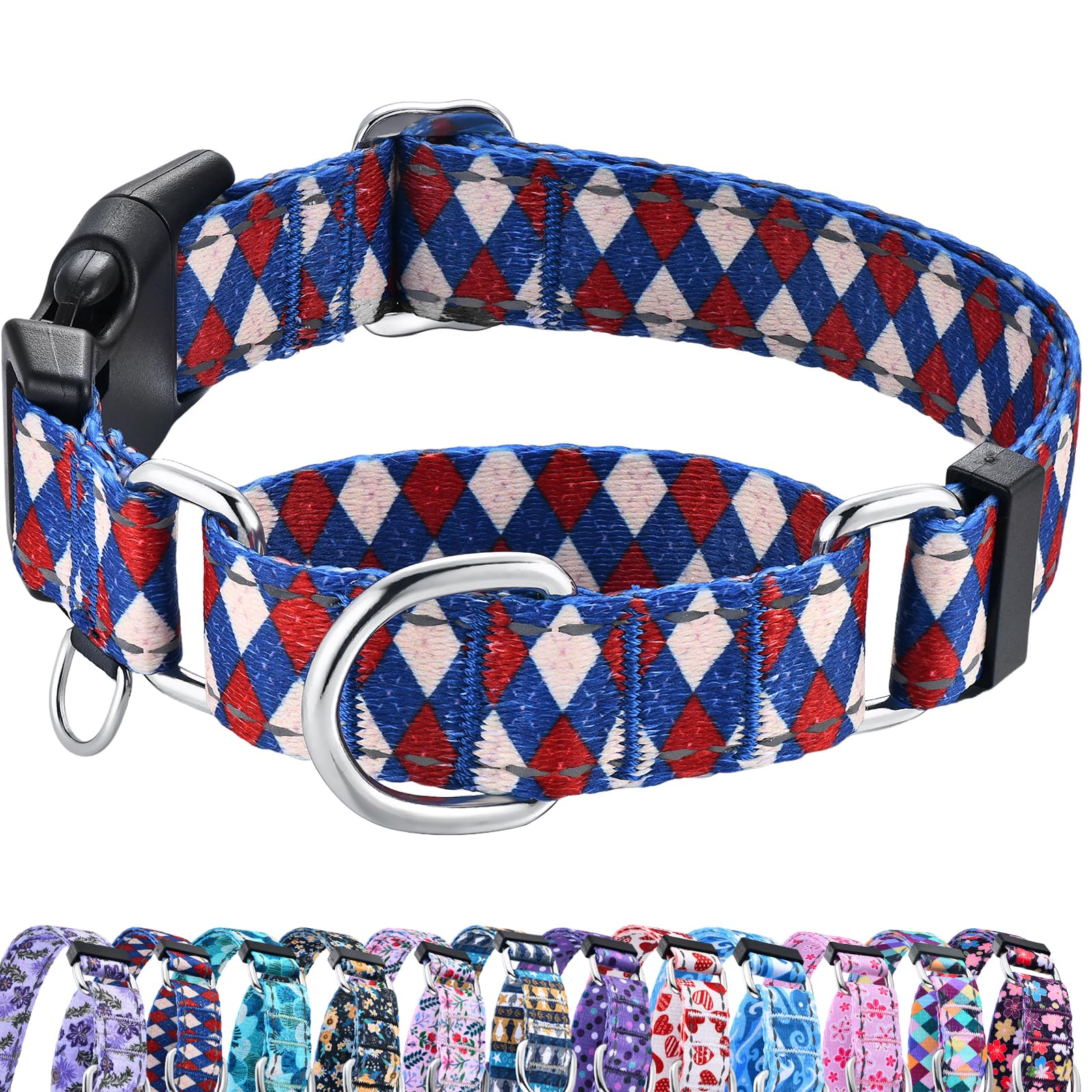 Fidohug Reflective Martingale Dog Collar With Buckle Soft Nylon Geometric Patterns Pet Collars For Medium Dogs (Argyle, M)