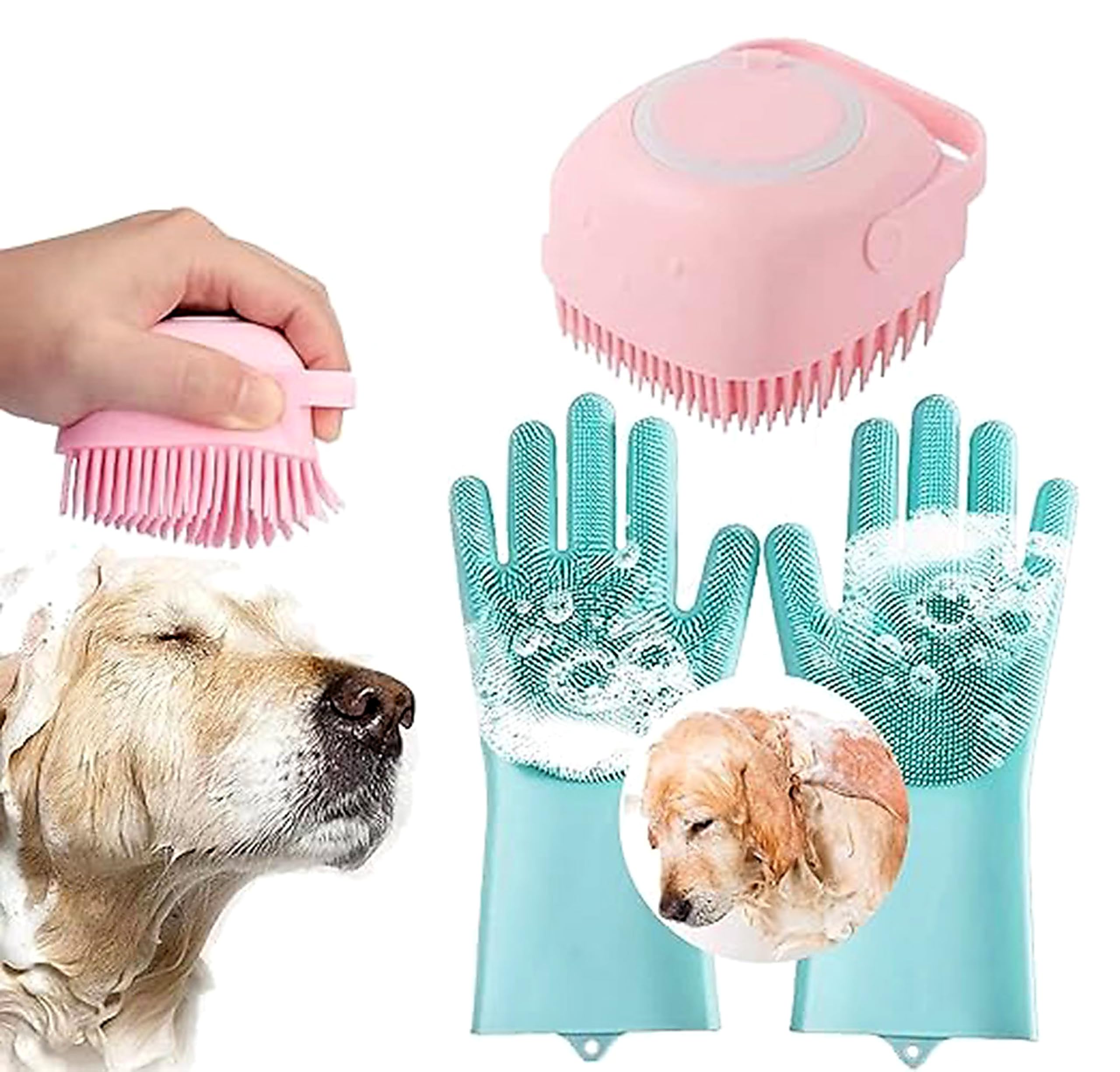 Pet Dog Bath Brush Combo With Silicone Gloves | Soft Shampoo Dispenser & Fur Grooming Cleaning Tool