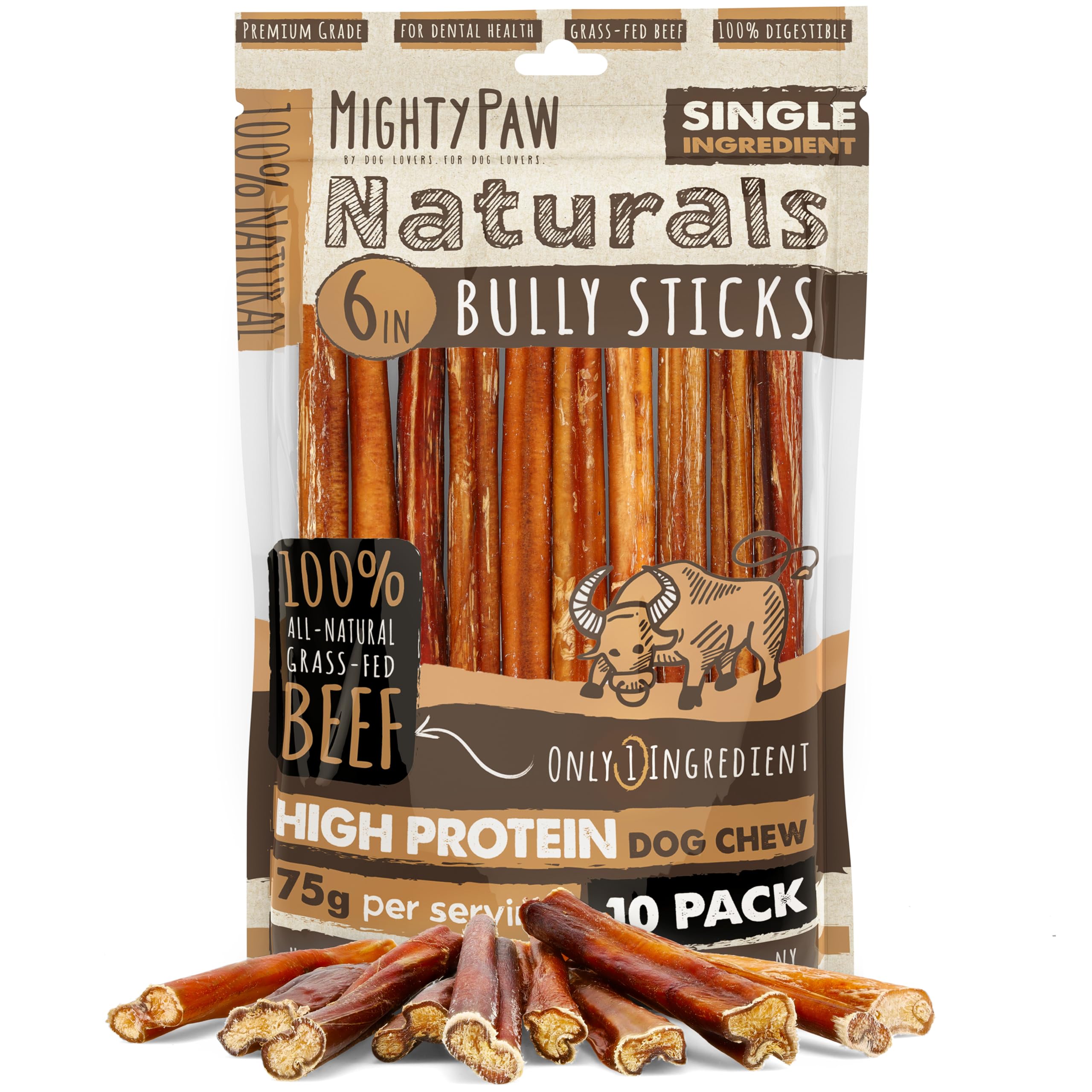 Mighty Paw Naturals Bully Sticks for Small Dogs & Medium Dogs - Grass Fed Beef Dog Chews. Dog Bully Sticks for Large Dogs. Lower