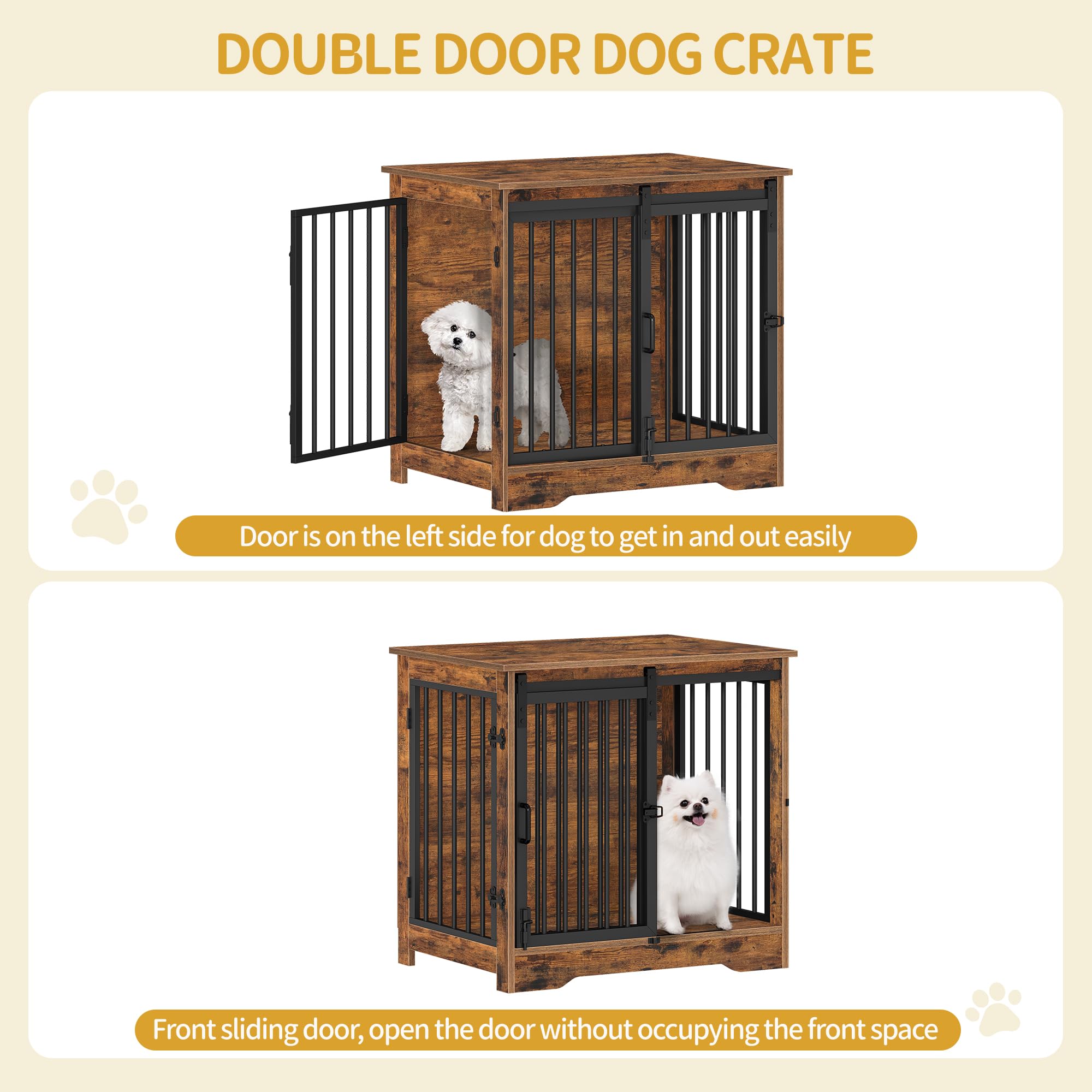 Hzuaneri Dog Crate Furniture, 27.2 Double Door Dog Crate with Barn Door, Dog Kennel Indoor, End Side Table Wooden Dog Crate for
