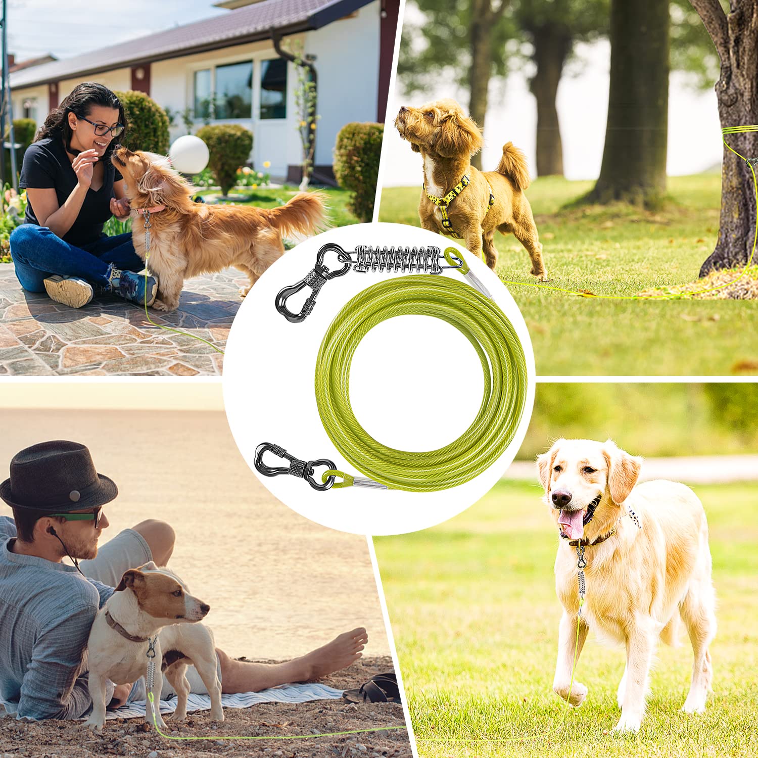 Tresbro 20Ft Dog Tie Out Cable, Heavy Duty Dog Chains For Outside With Spring Swivel Lockable Hook, Pet Runner Cable Leads For Yard, Green Dog Line Tether For Small Medium Large Dogs Up To 500 Lbs