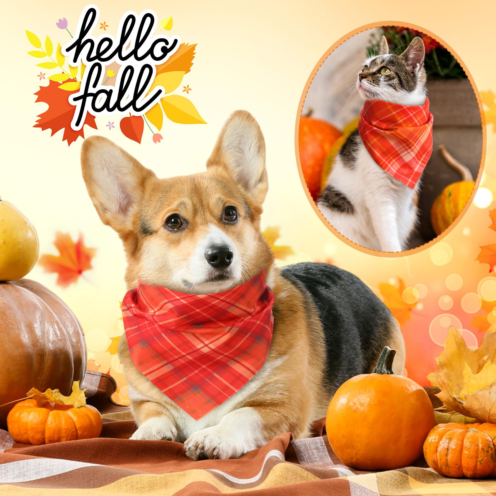 Shyyween 100 Pieces Fall Dog Bandanas Bulk Plaid Bandanas for Dogs Autumn Thanksgiving Soft Doggie Bibs Adjustable Triangle Scar