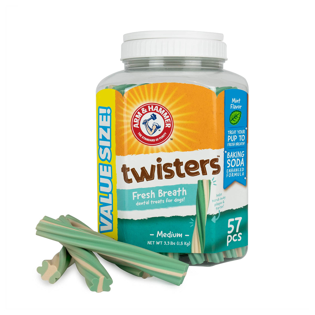 Arm & Hammer For Pets Twisters Fresh Breath Dental Treats For Dogs, Value Pack, 57 Pieces | Dental Dog Chews Fight Bad Doggie Br