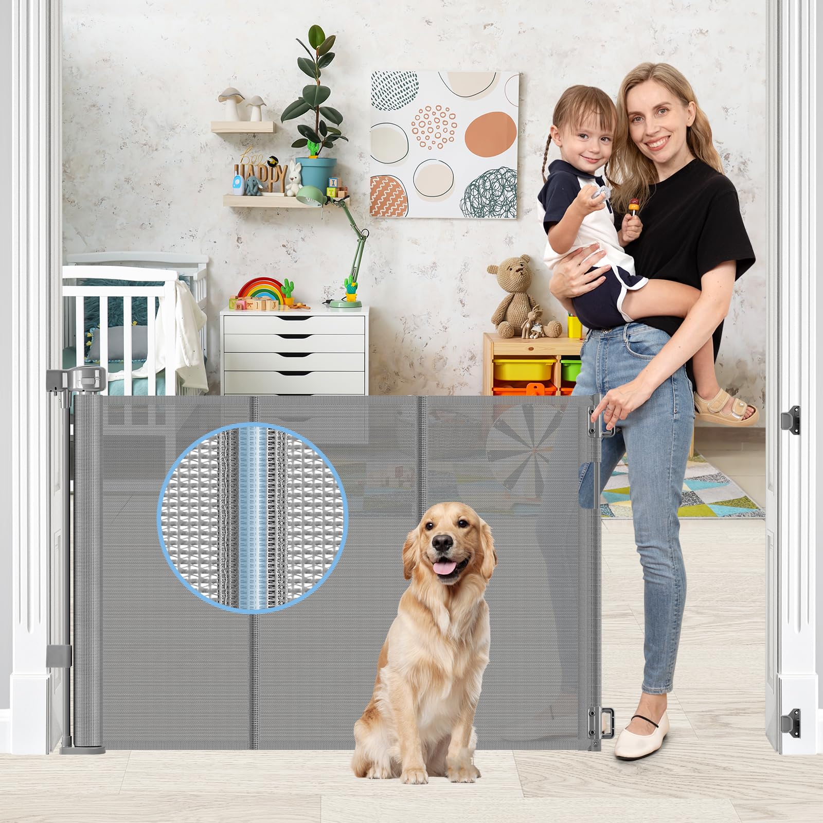 Reinforced Retractable Baby Gates with Support Rods, Retractable Gate for Babies and Pets Prevent Bottom Crawling Through, Exten