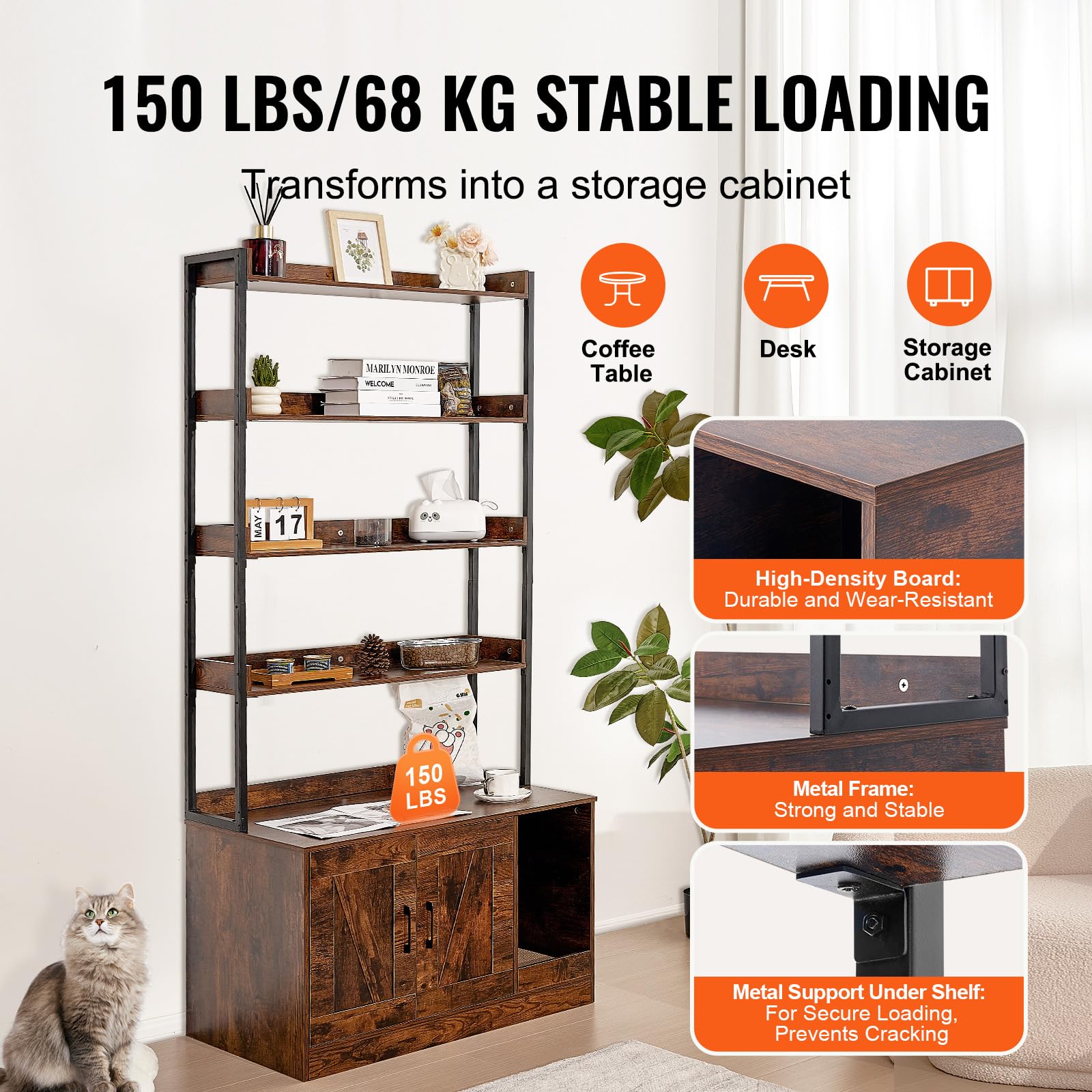 VEVOR Cat Litter Box Enclosure, Hidden Cat Box Furniture with 4 Storage Shelves, Large Cats House Cabinet Hidden Fit Most Litter