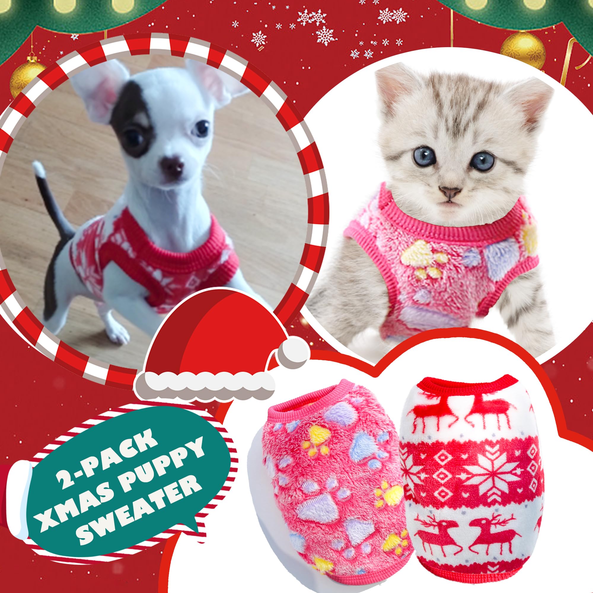 2 Pieces Christmas Dog Outfit - Puppy Sweater, Teacup Chihuahua Reindeer Snowflake Xmas Pet Warm Winter Clothes For Extra Small