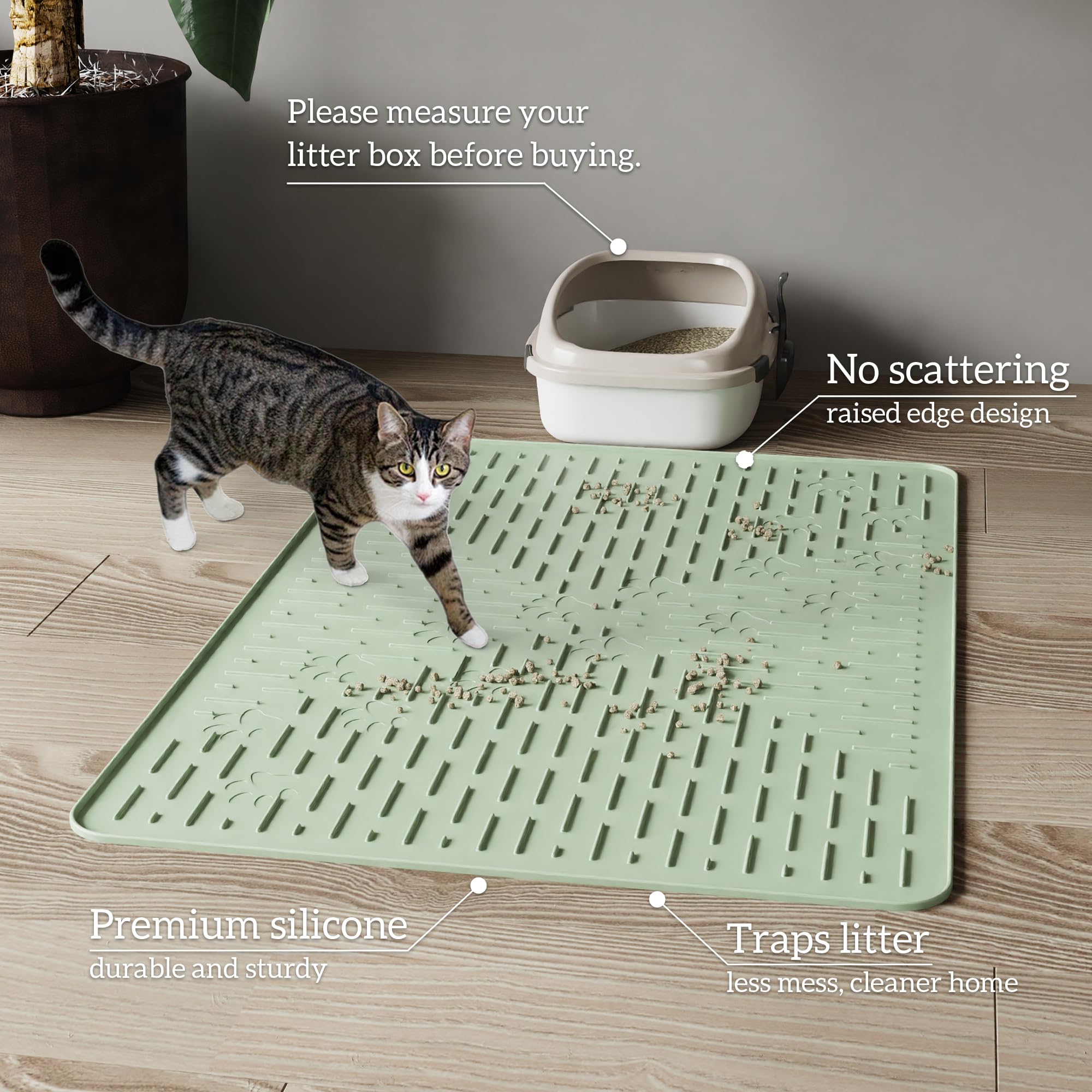 OHMO Cat Litter Mat XXL Trapping Mat Premium Silicone Rubber 37.5x25.2 Sage Green, Waterproof and BPA Free Kitty Litter Box Mat,