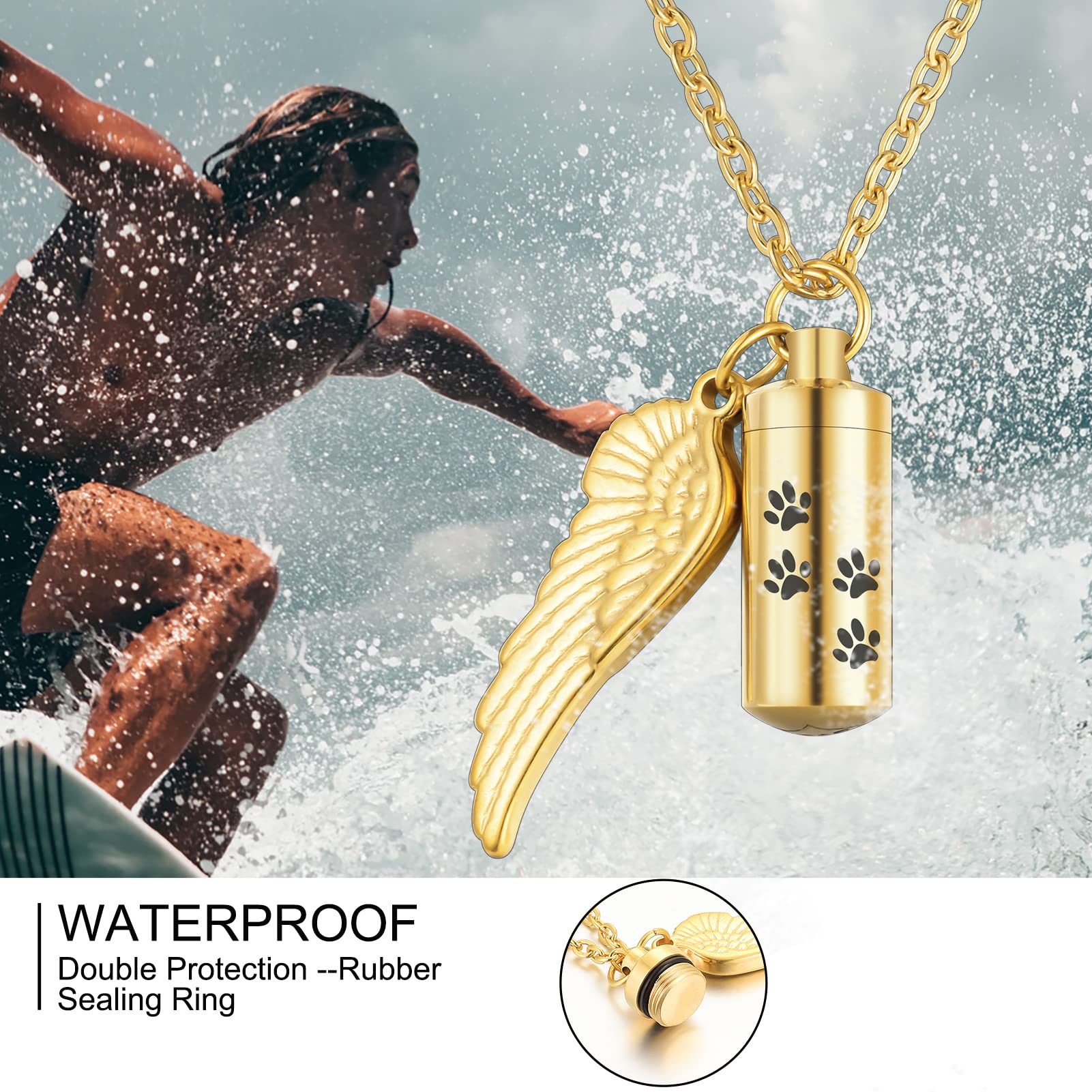 Abooxiu Cylinder Cremation Necklace For Pet Ashes Urn Necklace With Angel Wing Pet Paw Ashes Necklace For Dog/Cat Pet Memorial Keepsake Jewelry