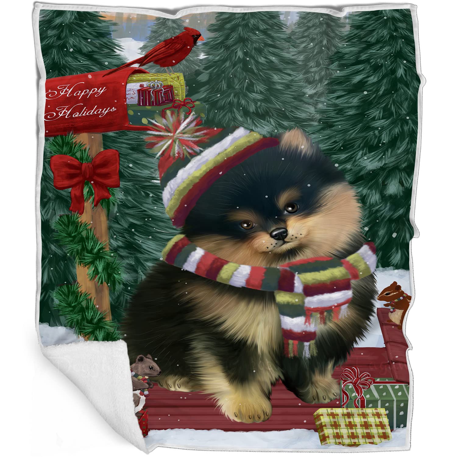 Pomeranian Dog Blanket  Merry Christmas Woodland Sled  Super Soft & Warm Pet Theme for Sofa or Bed, Warm Fleece, Sherpa or Wov