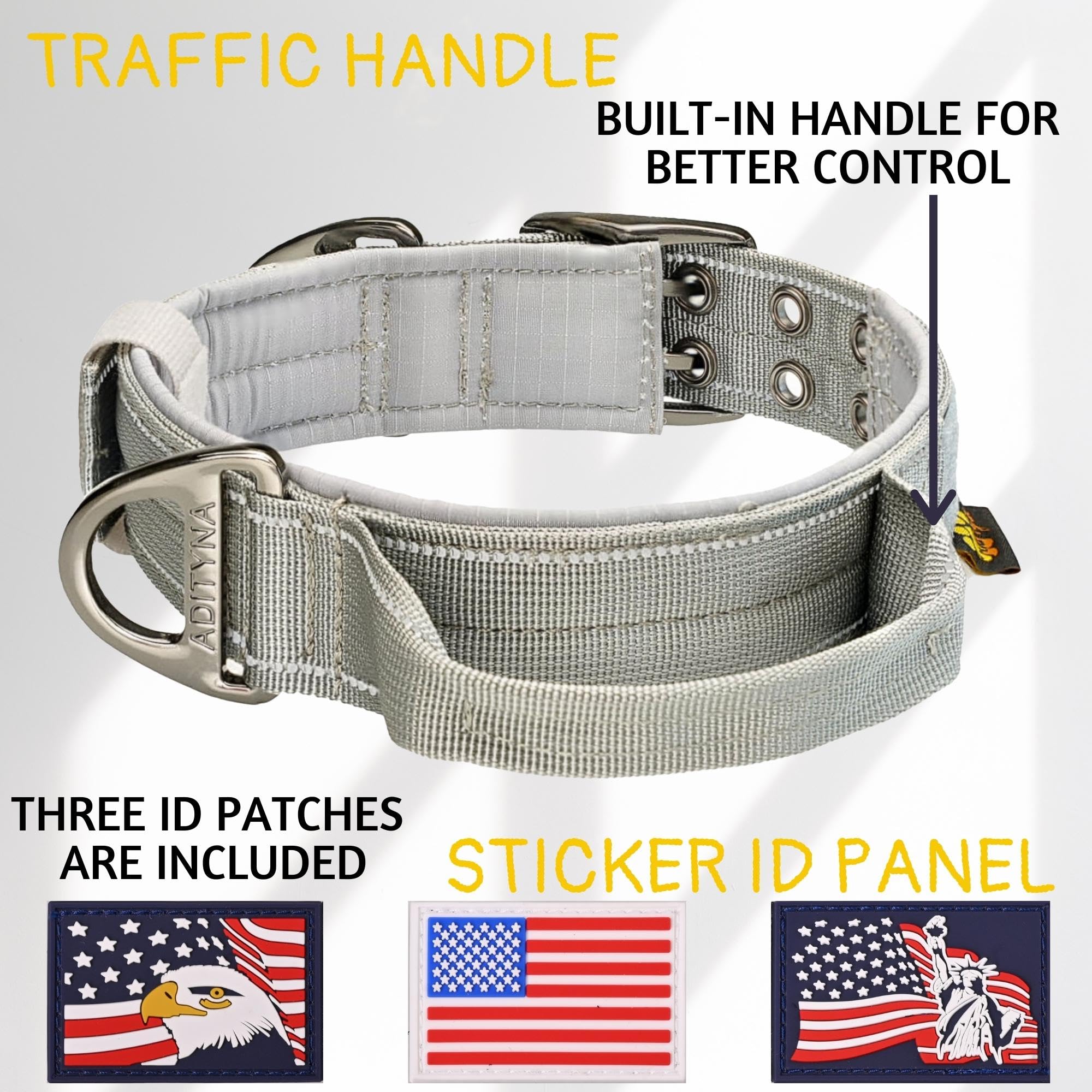 Adityna Heavy Duty Dog Collar For Extra-Large Dogs - Reflective Gray Collar With Handle For Training, And Walking - Wide, Thick,