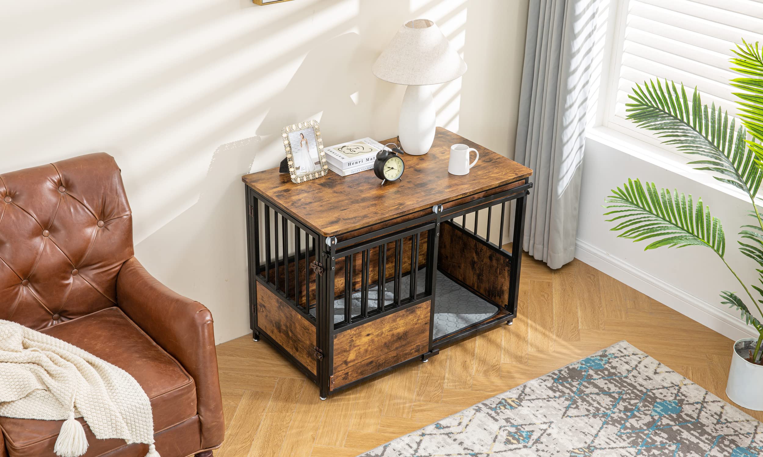KOOPRO Dog Crate Furniture with Cushion, 40" Wooden Kennel, Rustic Brown, Double Doors, Heavy Duty, Model KO220801-0000-01