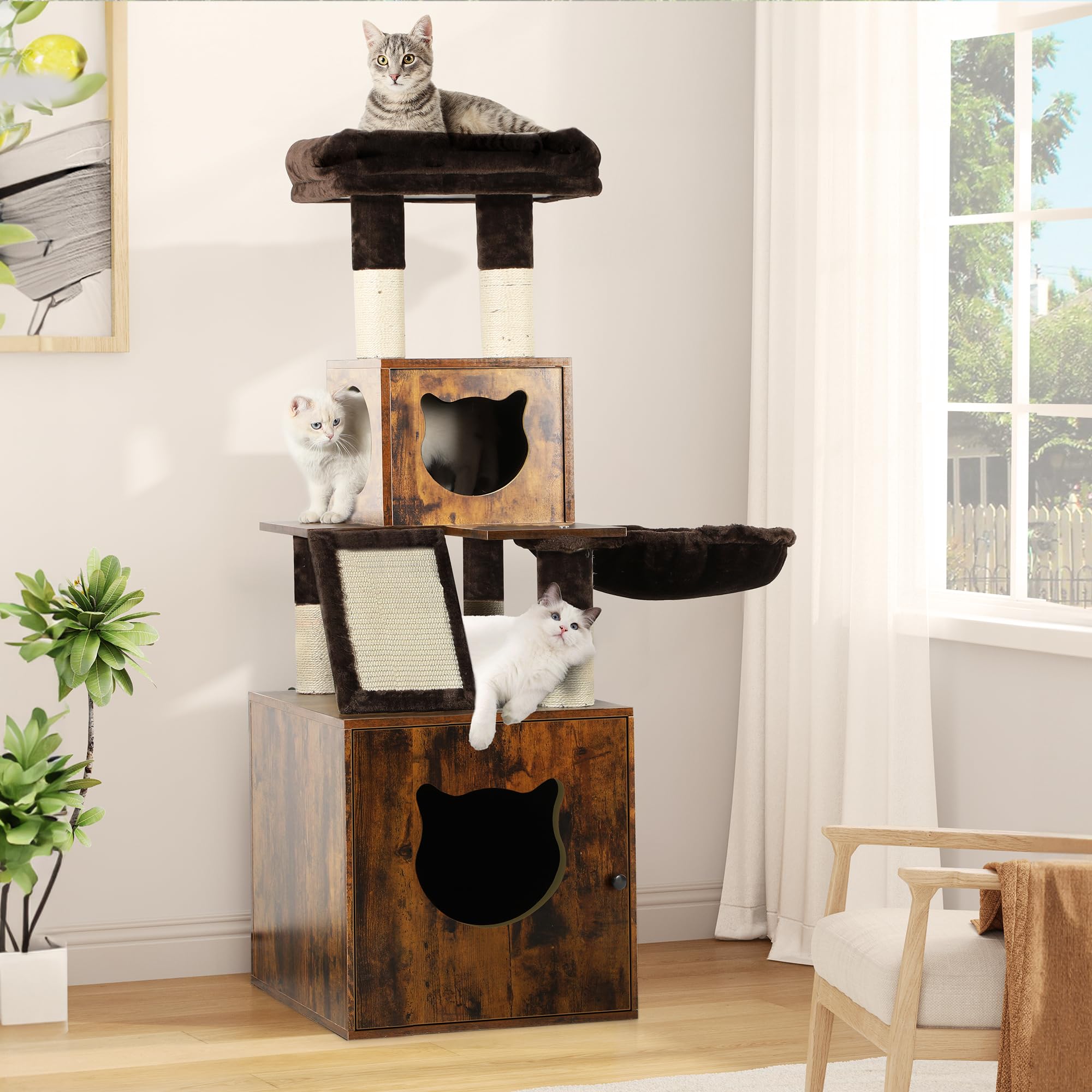 Yitahome Cat Tree With Litter Box Enclosure, Hidden Cat Litter Box Furniture With Sisal Scratching Post, Wooden Cat House With B
