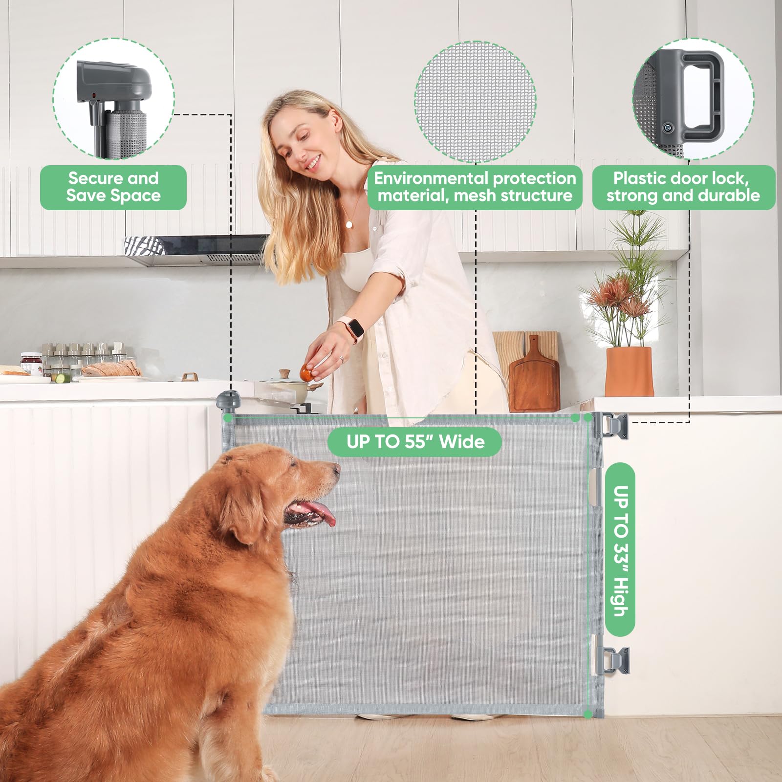 Likzest Retractable Baby Gate, Mesh and Pet Gate 33/'' Tall, Extends up to 55/'' Wide, Child Safety Gates for Stairs Doorways Ha