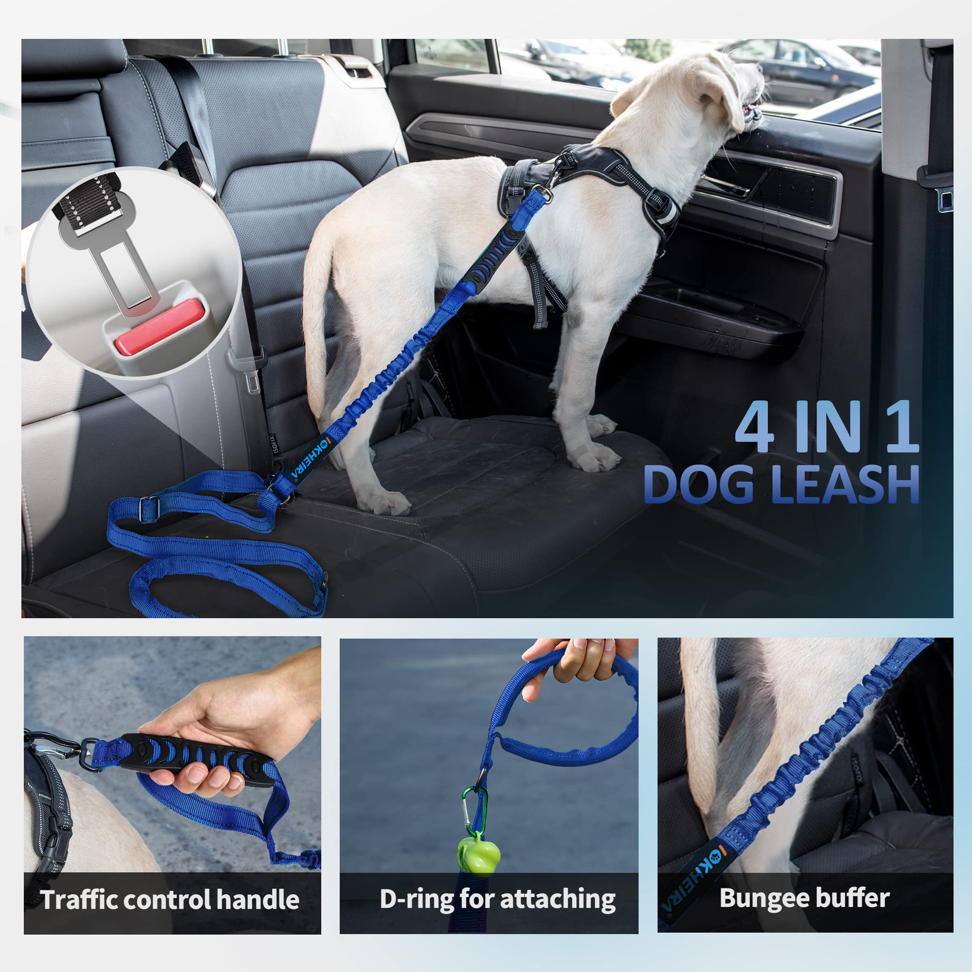 Iokheira Multifunctional Dog Leash For Large & Medium Dogs, Adjustable With Car Seatbelt, 4-6 Ft Strong Bungee (Blue)