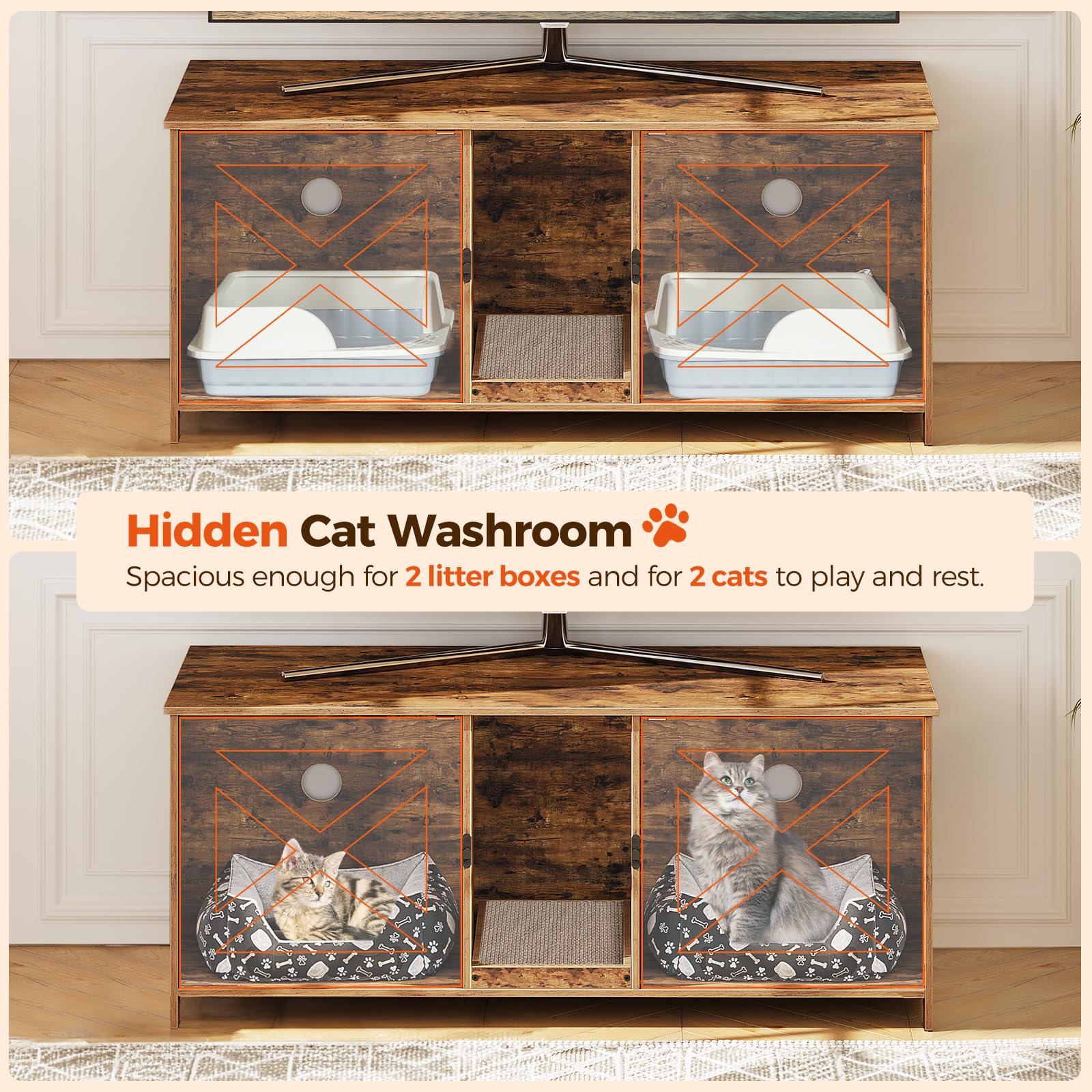 Mahancris Cat Litter Box Enclosure For 2 Cats, 47.2'' Hidden Cat Litter Box Furniture With Double Room, Wooden Cat Washroom With