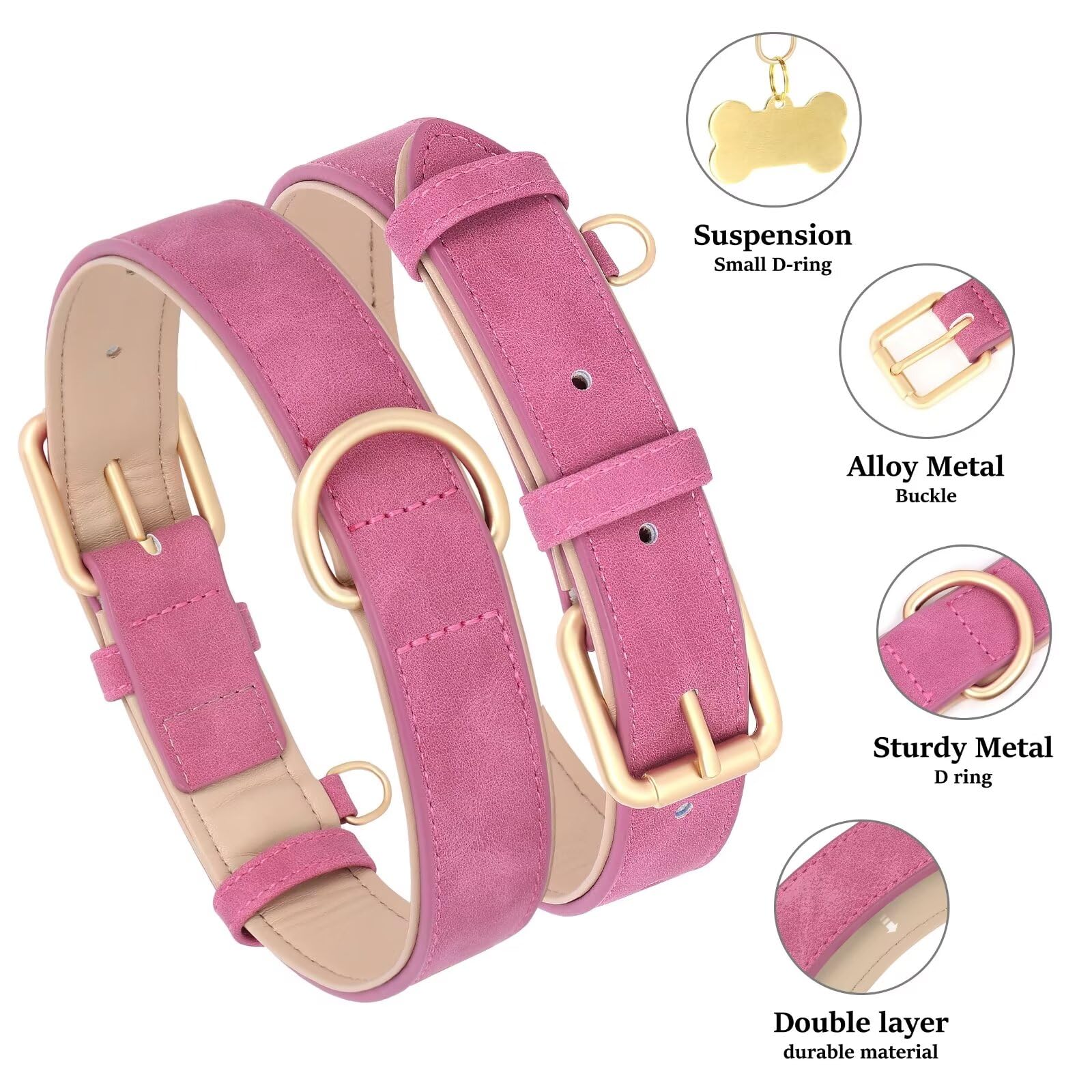 Didog Soft Padded Leather Dog Collar, Adjustable Dog Collars For Medium Dogs With Heavy Duty Metal Buckle And D Ring,Hot Pink,L