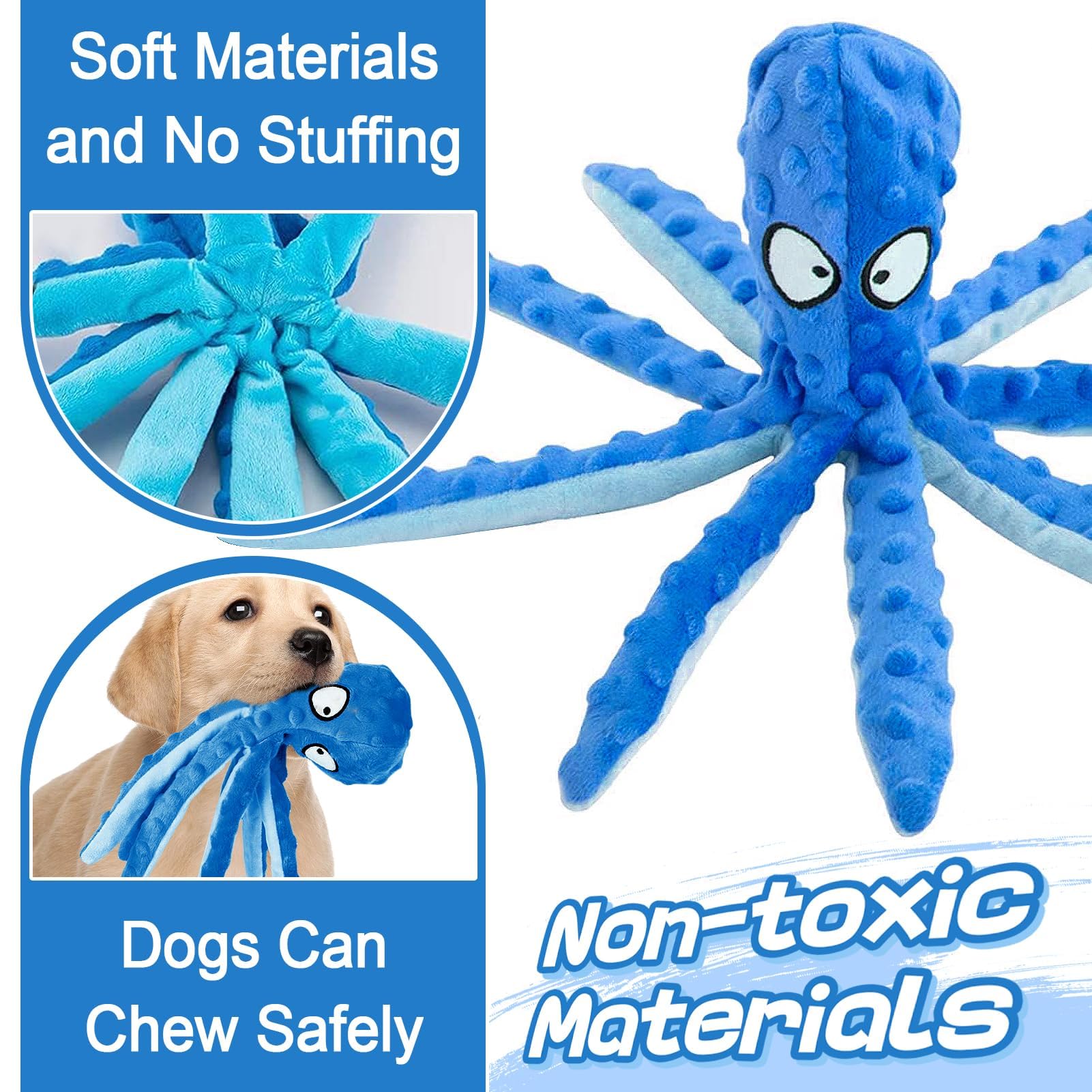 Alphatool Squeaky Dog Toys - Soft Plush Chew Crinkle Puppy Toys to Keep Them Busy, Octopus No Stuffing Interactive Essentials fo