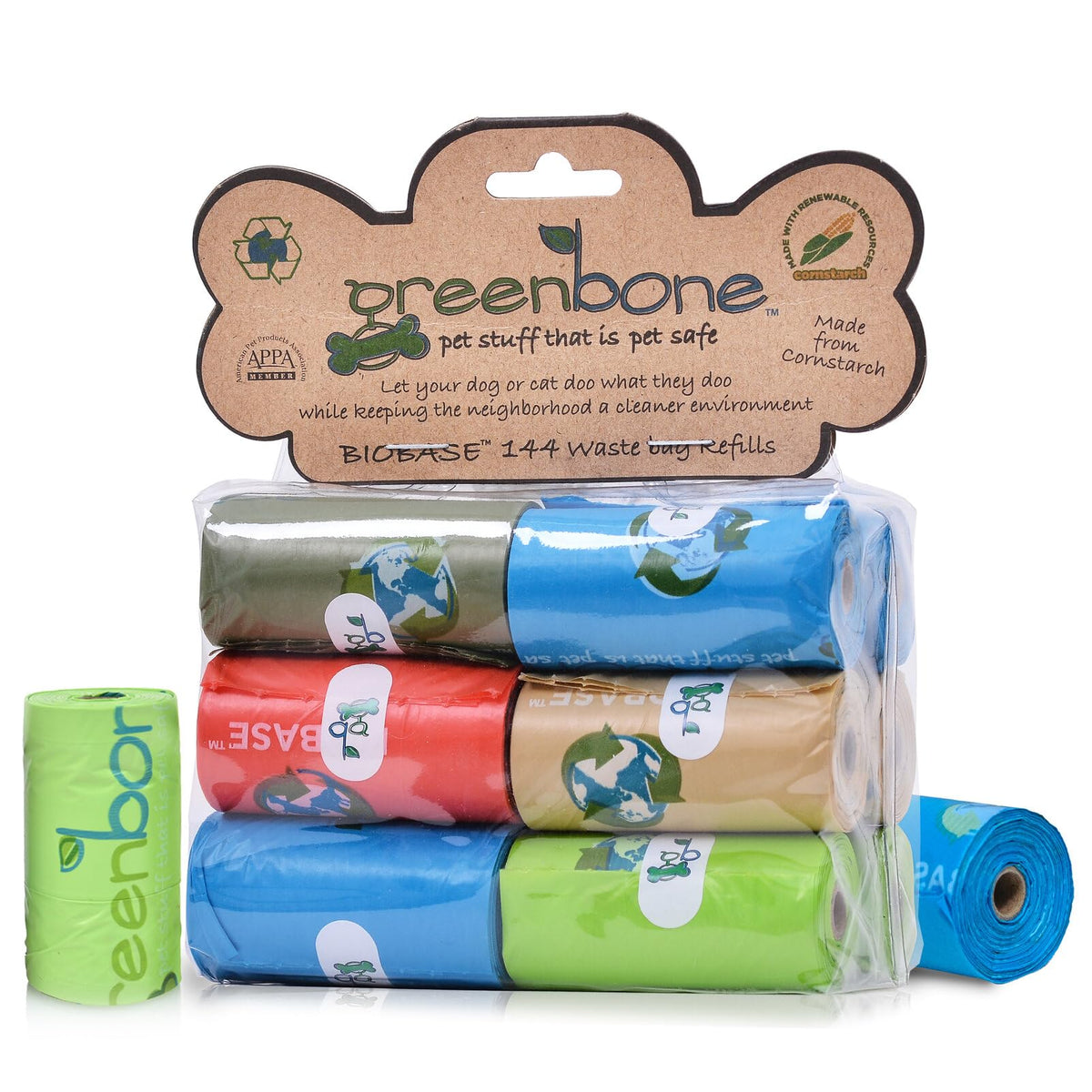 Greenbone Biobase Pet Poop Bags - 12 Rolls, 144 Bags - 13 Inch X 9 Inch