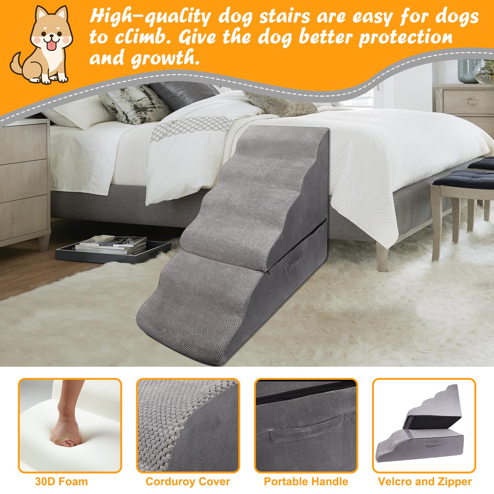 Dog Stairs&Steps For 30 Inches Tall High Bed Up To 30-36 Inch, Pet Dog Ramp Ladder For Small Dogs, Doggie, Old Cats, Kitty, Smal