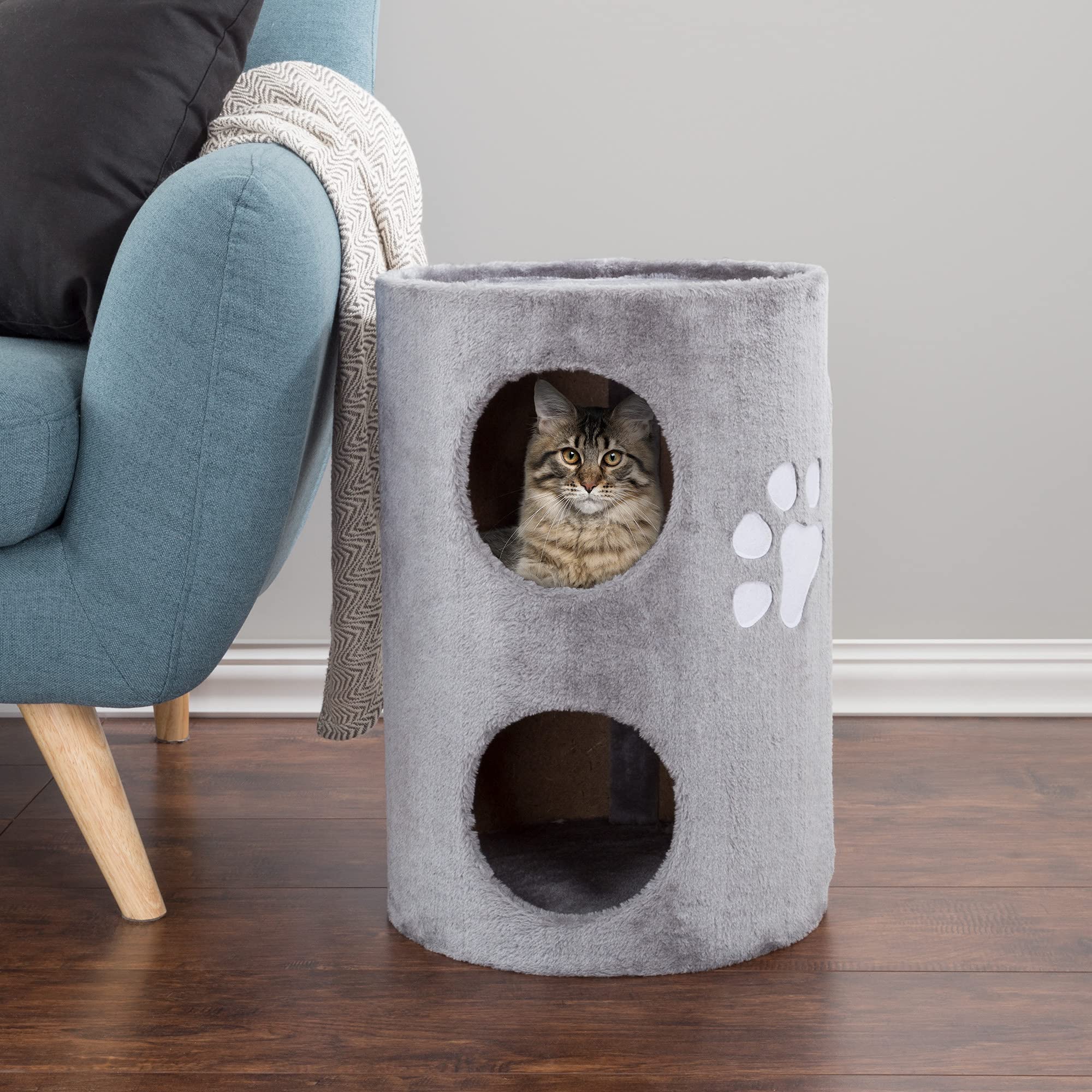 20.5-Inch Cat Condo - 2 Story Cat House With Sisal Scratch Pad, Barrel Shaped Pet House Covered In Soft Fabric By Petmaker (Gray
