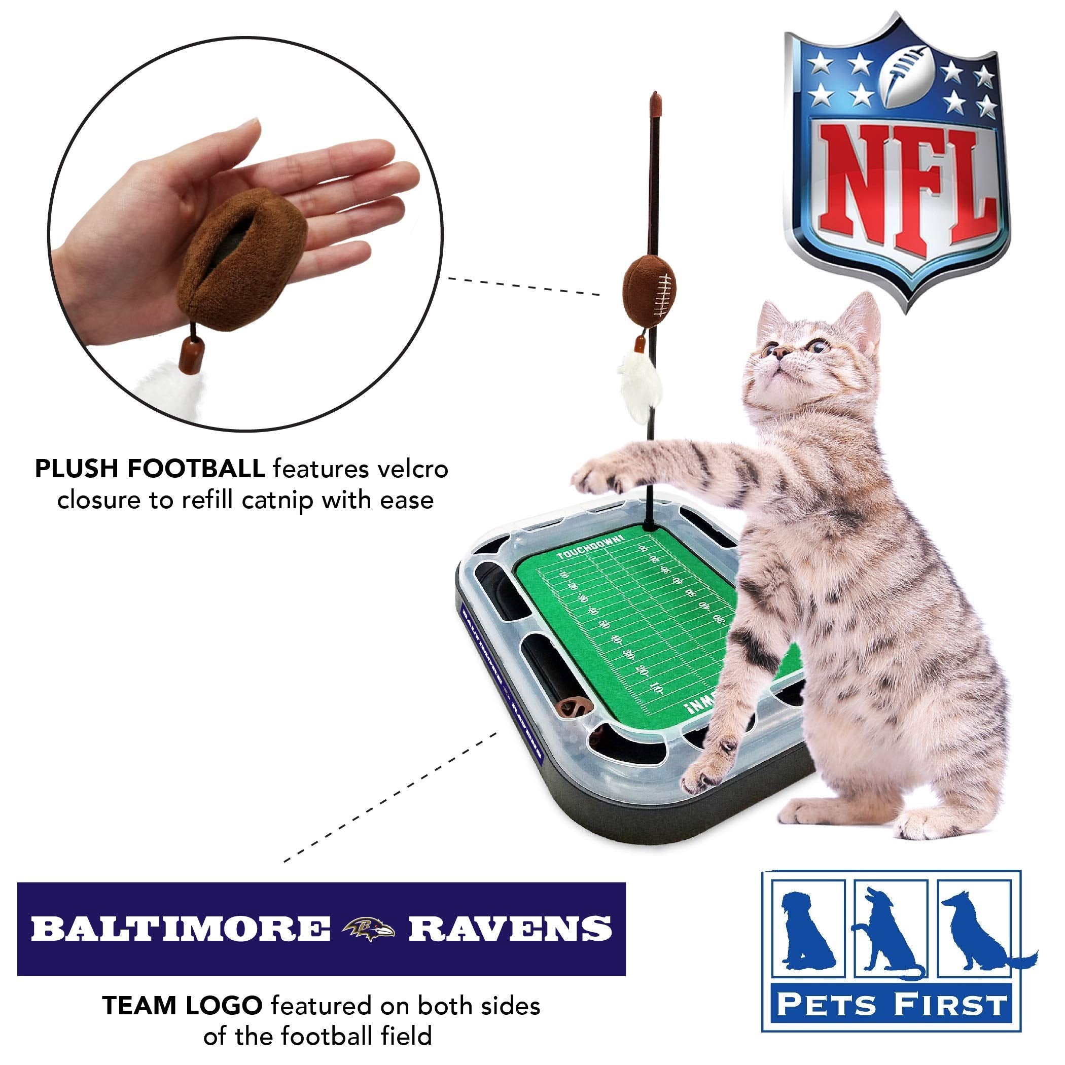 Pets First NFL BALTIMORE RAVENS FOOTBALL FIELD CAT SCRATCHER TOY with CATNIP Filled Plush FOOTBALL Toy & Feather Cat Toy hanging