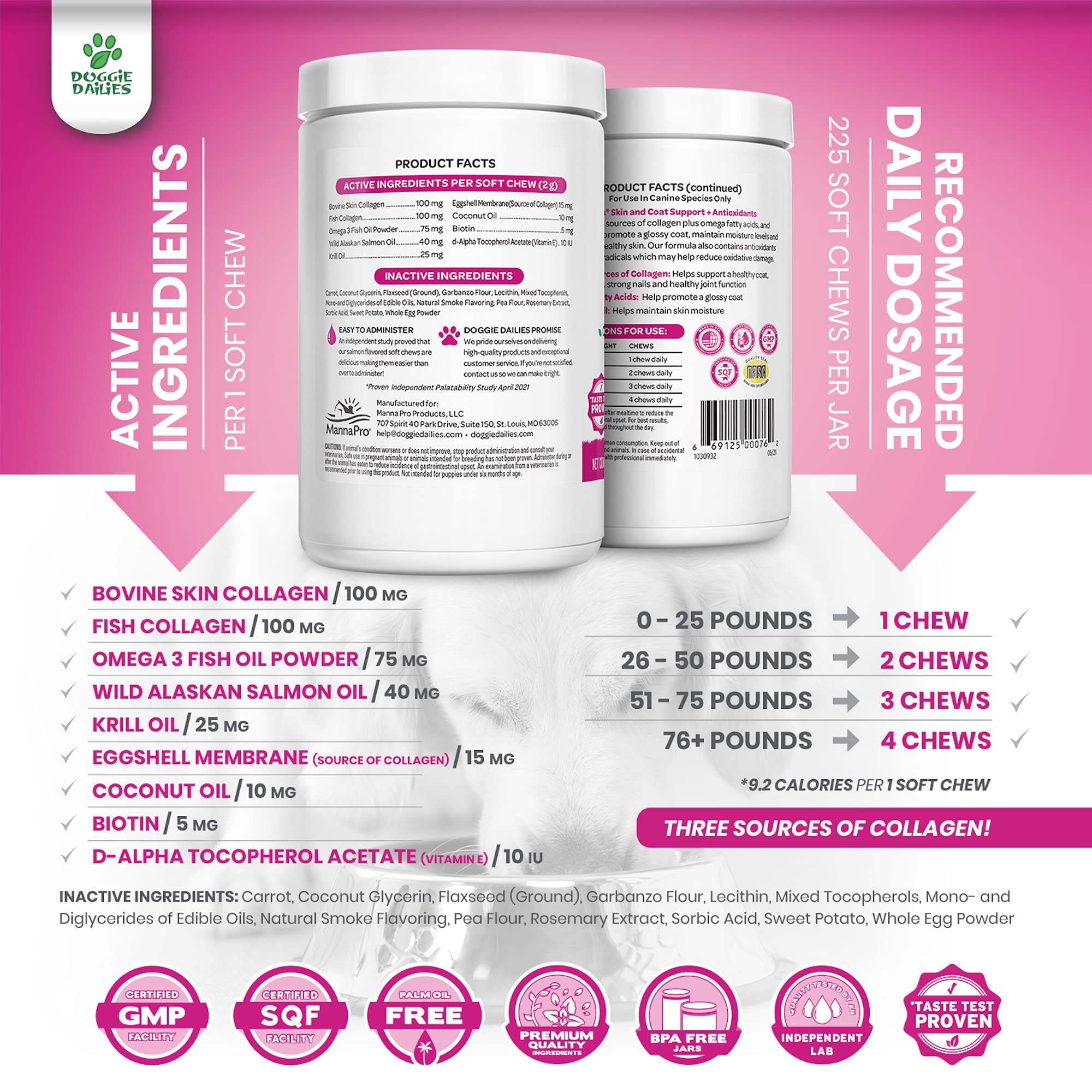 Doggie Dailies Skin & Coat Supplement + Antioxidant Support, 225 Soft Chews, Salmon Oil for Dogs Skin and Coat with Collagen, Om