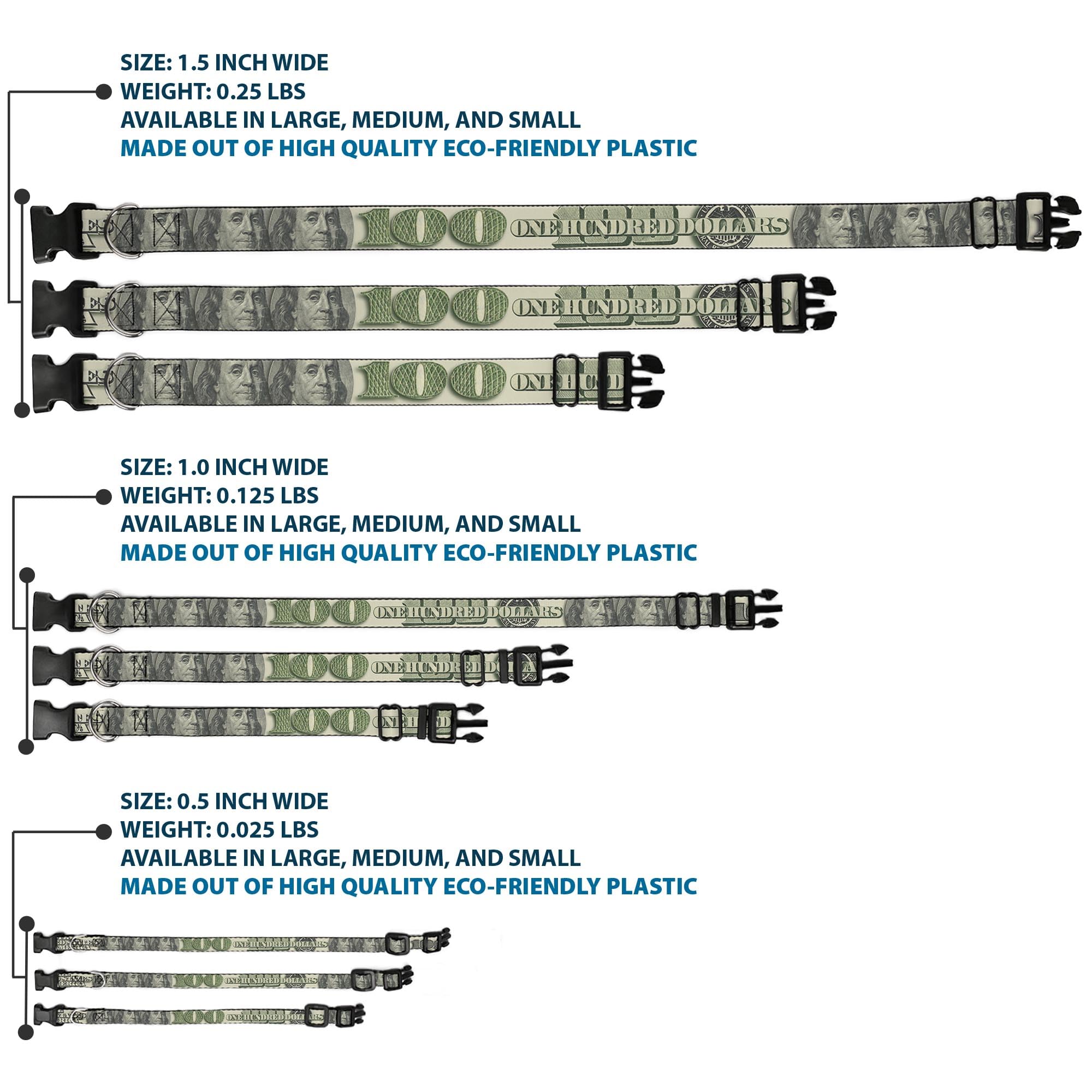 Buckle-Down 100 Dollar Bill C/U/Triple Benjamin Plastic Clip Collar, 1.5'' X 13-18''/Small