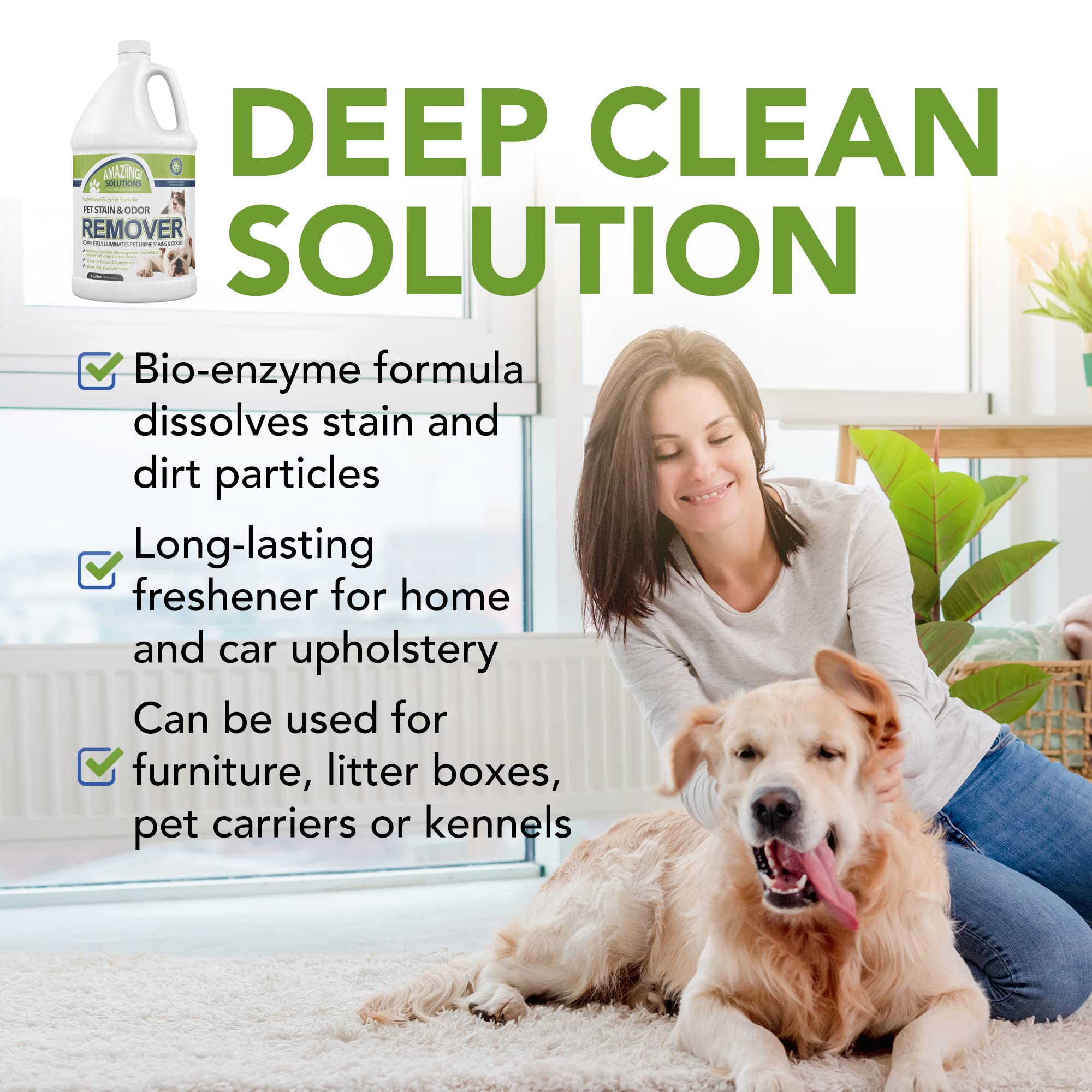 Amaziing Solutions Pet Stain And Odor Remover - Enzyme Cleaner, Pet Urine Odor Eliminator Refill - Floor & Carpet Cleaner, Pet Deodorizers For Home, Fabric Freshener W/Fresh, Clean Scent, 1 Gallon