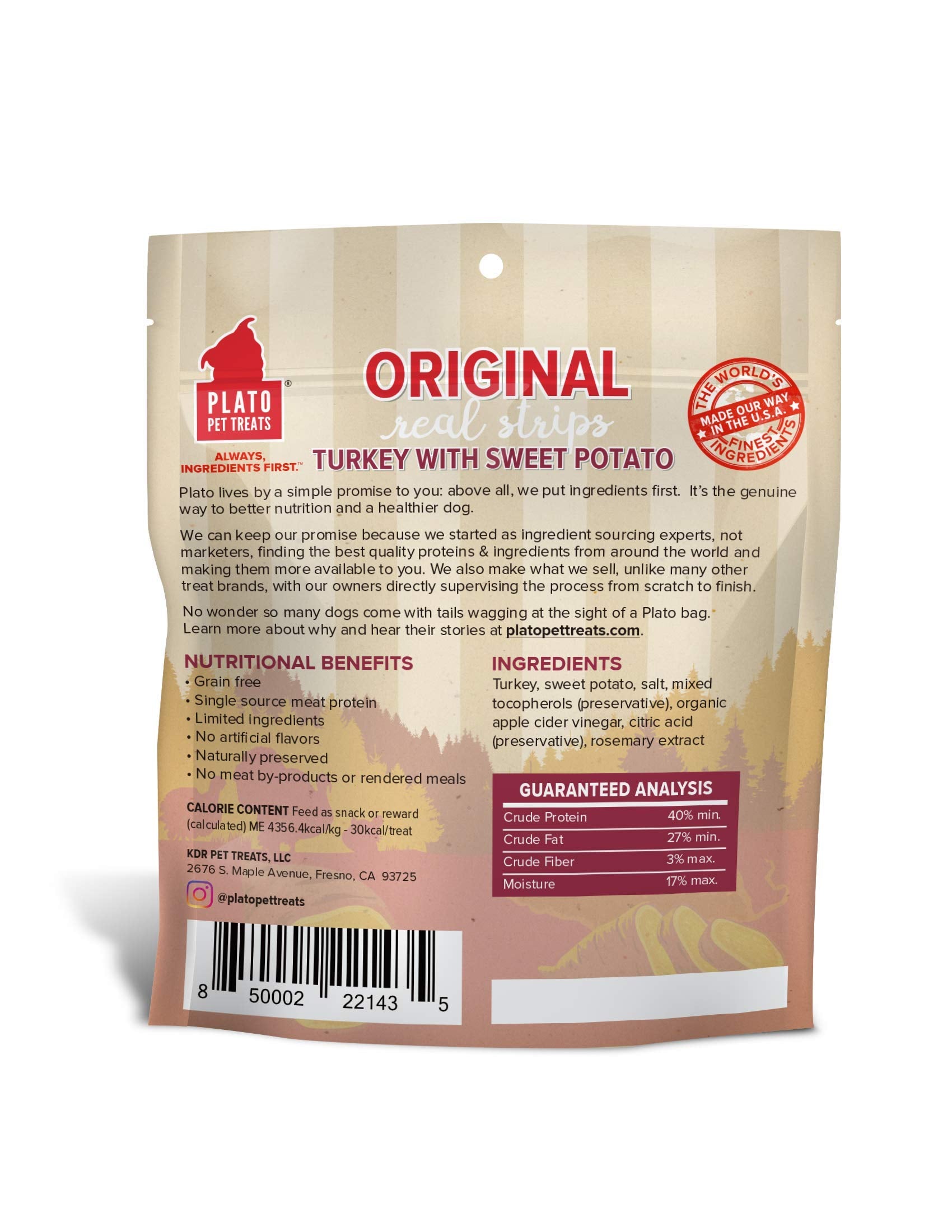PLATO Original Real Strips Turkey & Sweet Potato Recipe 3oz, Natural