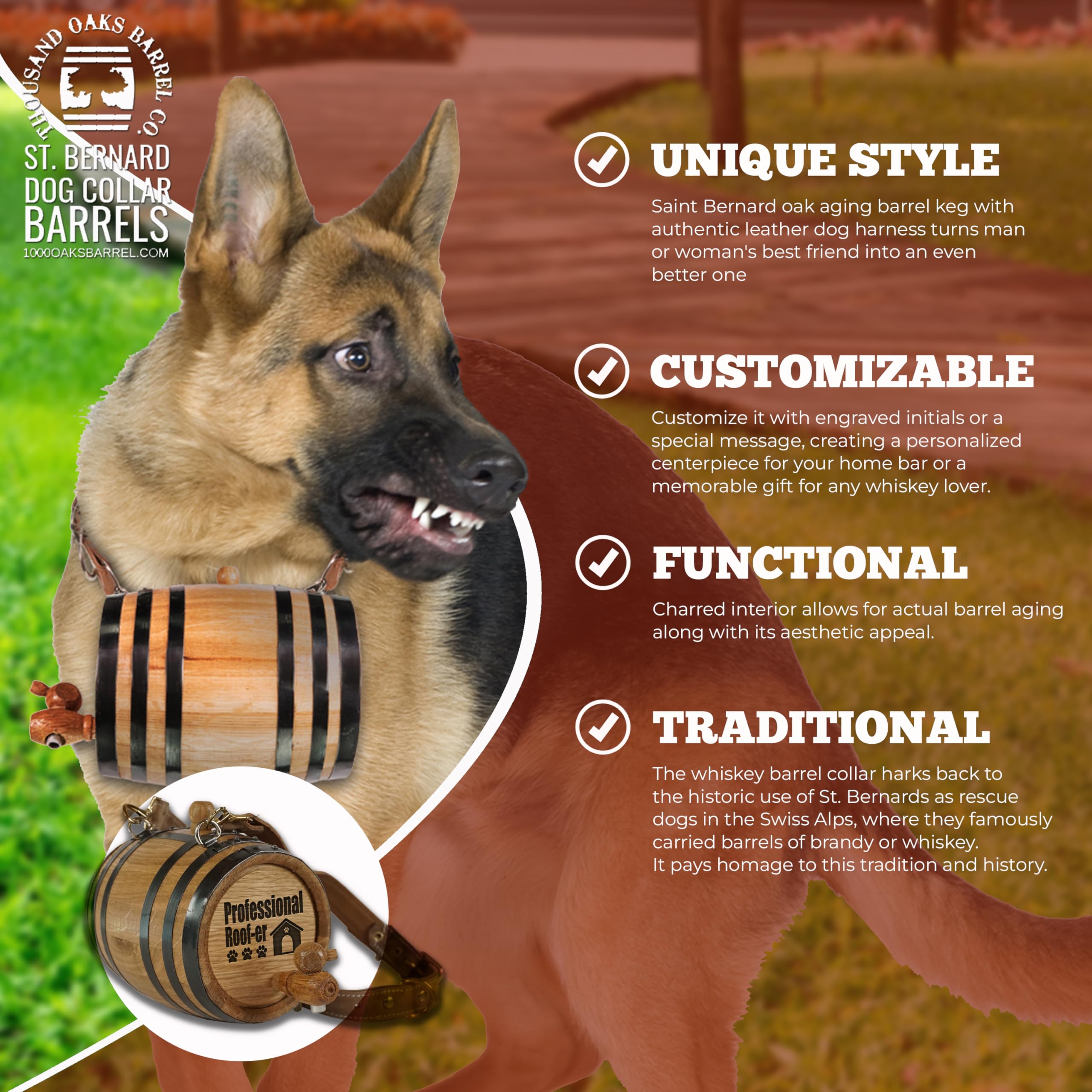 St Bernard Whiskey Barrel Collar For Dog, Professional Roof-Er' - 1/2 Liter Oak Aging Barrel Dispenser For Saint Bernard Dogs Wi