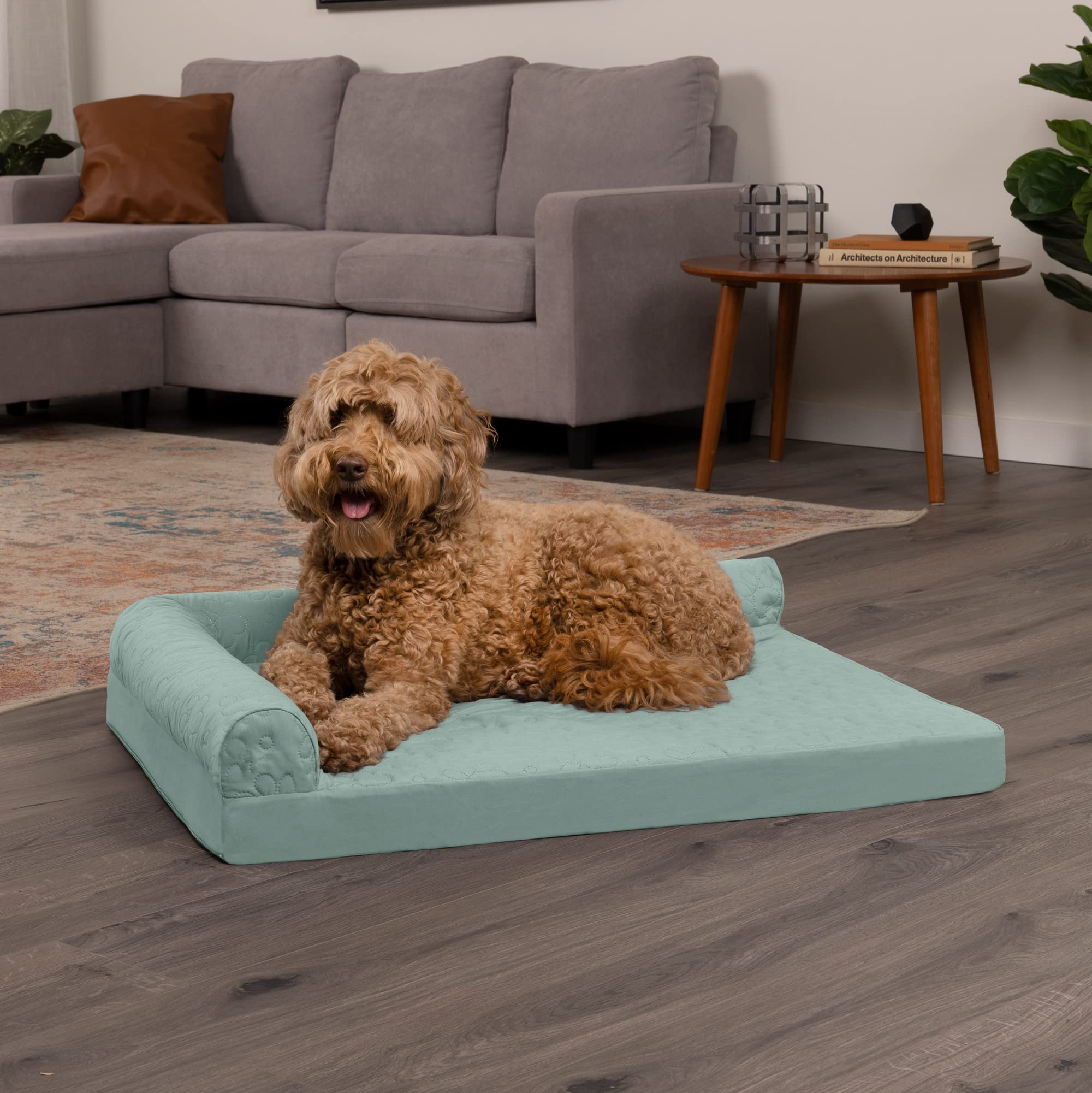 Furhaven Orthopedic Dog Bed For Large/Medium Dogs W/ Removable Bolsters & Washable Cover, For Dogs Up To 55 Lbs - Pinsonic Quilted Paw L Shaped Chaise - Iceberg Green, Large