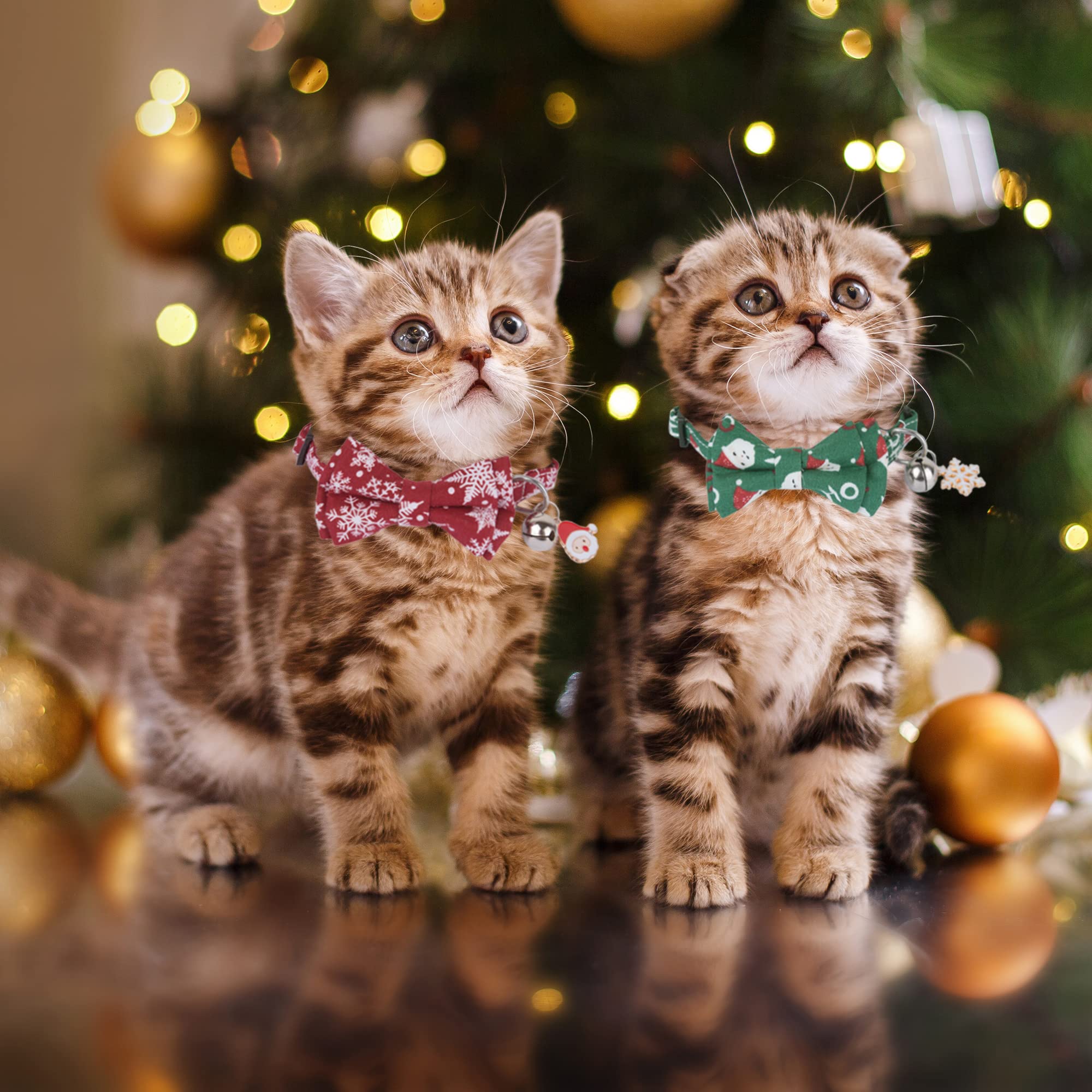 Adoggygo Christmas Cat Collars With Bowtie Bell, 2 Pack Adjustable Xmas Kitten Collar With Removable Bow, Red Green Christmas Co